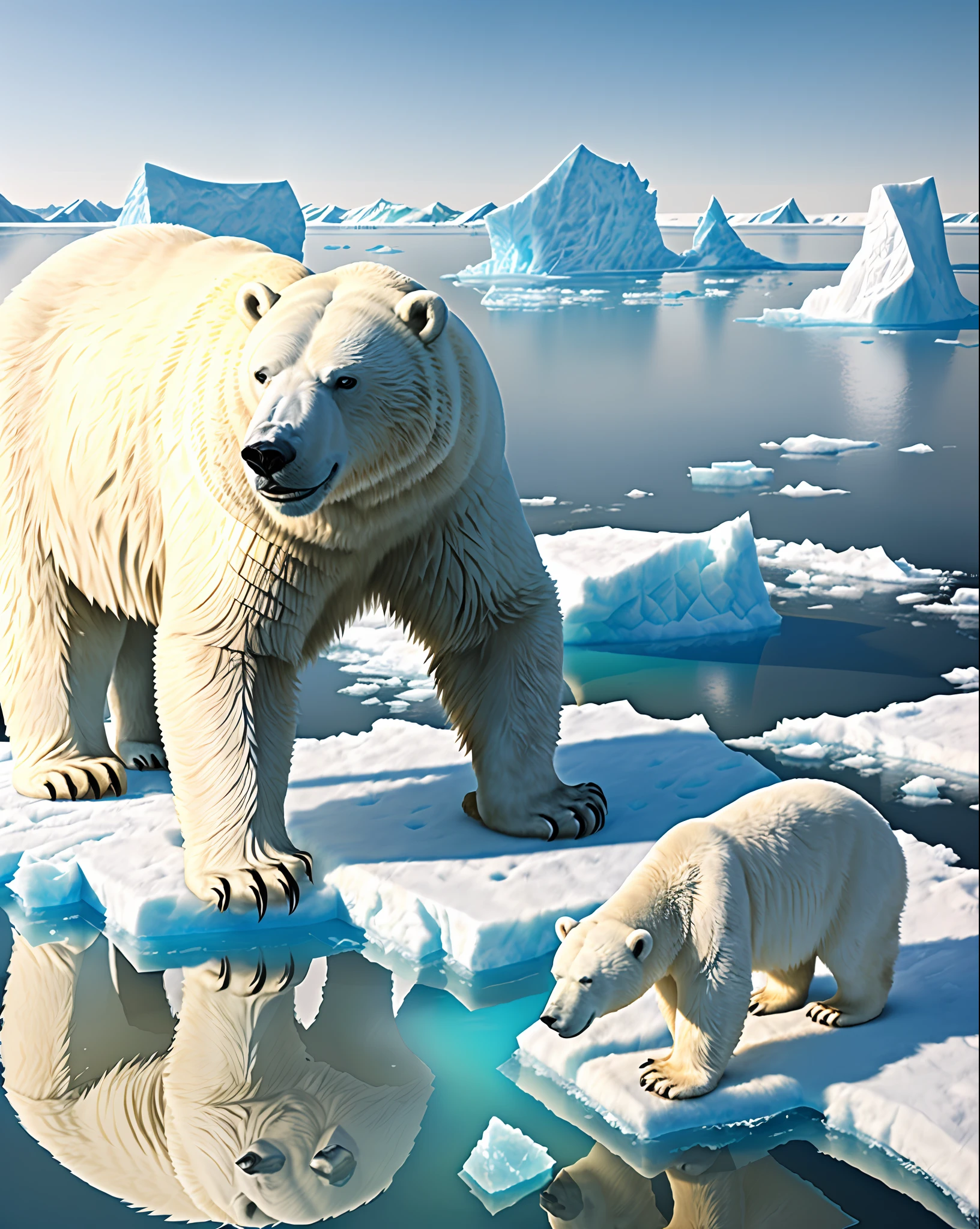 (Masterpiece), (Extremely Complicated:1.3), (Realistic), Arnold Schwarzenegger, Ice, Arctic, Outdoor, Intense Sunlight, Animals, Professional Photo by Arnold Schwarzenegger next to a polar bear standing on a small ice floe due to climate change, climate change, Arnold Schwarzenegger, polar bear, sharp focus, octane rendering, Unreal Engine, Volumetrics DTX