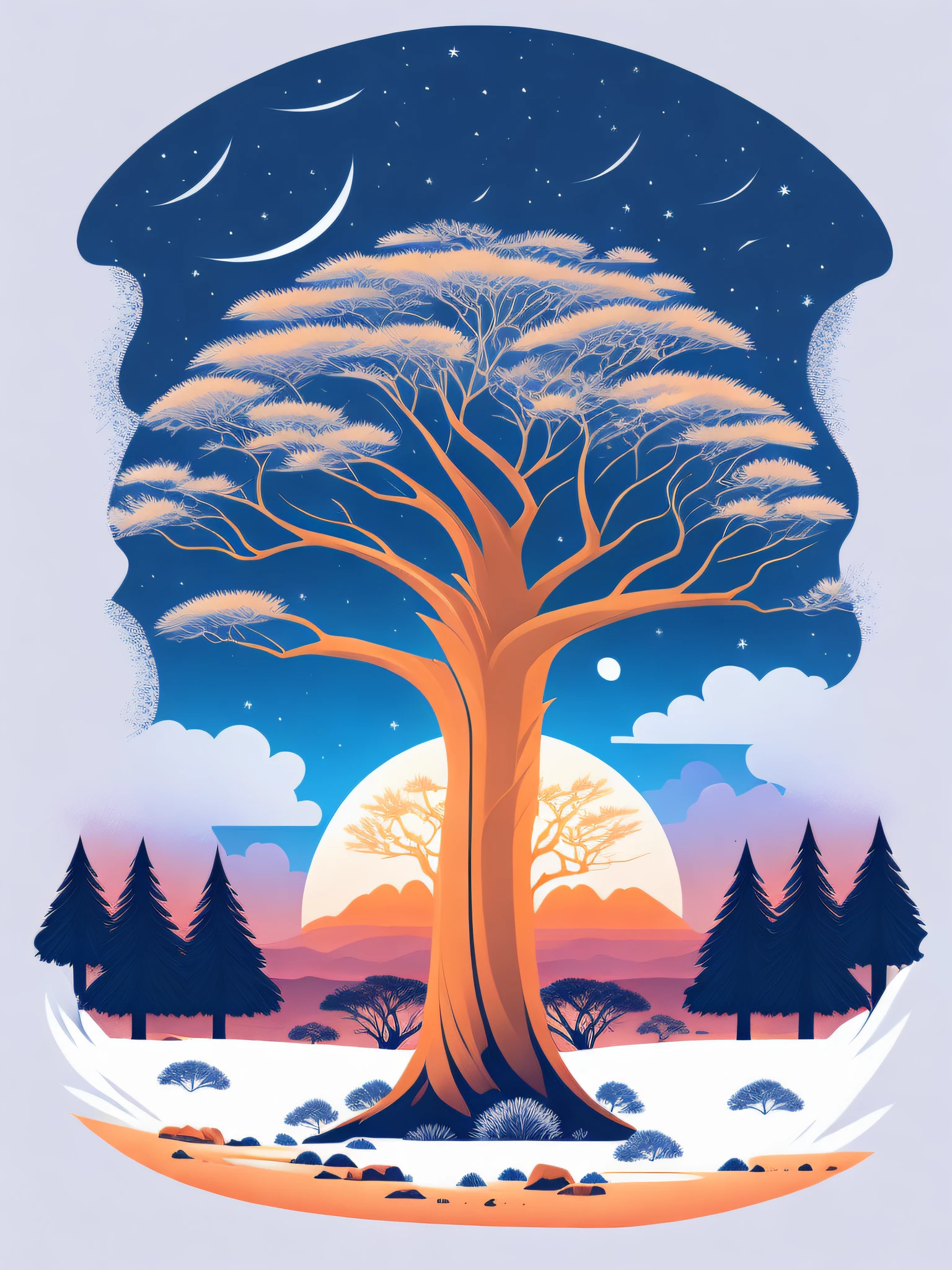 a Baobab tree in a winter landscape, tshirt design, rzminjourney, vector-art