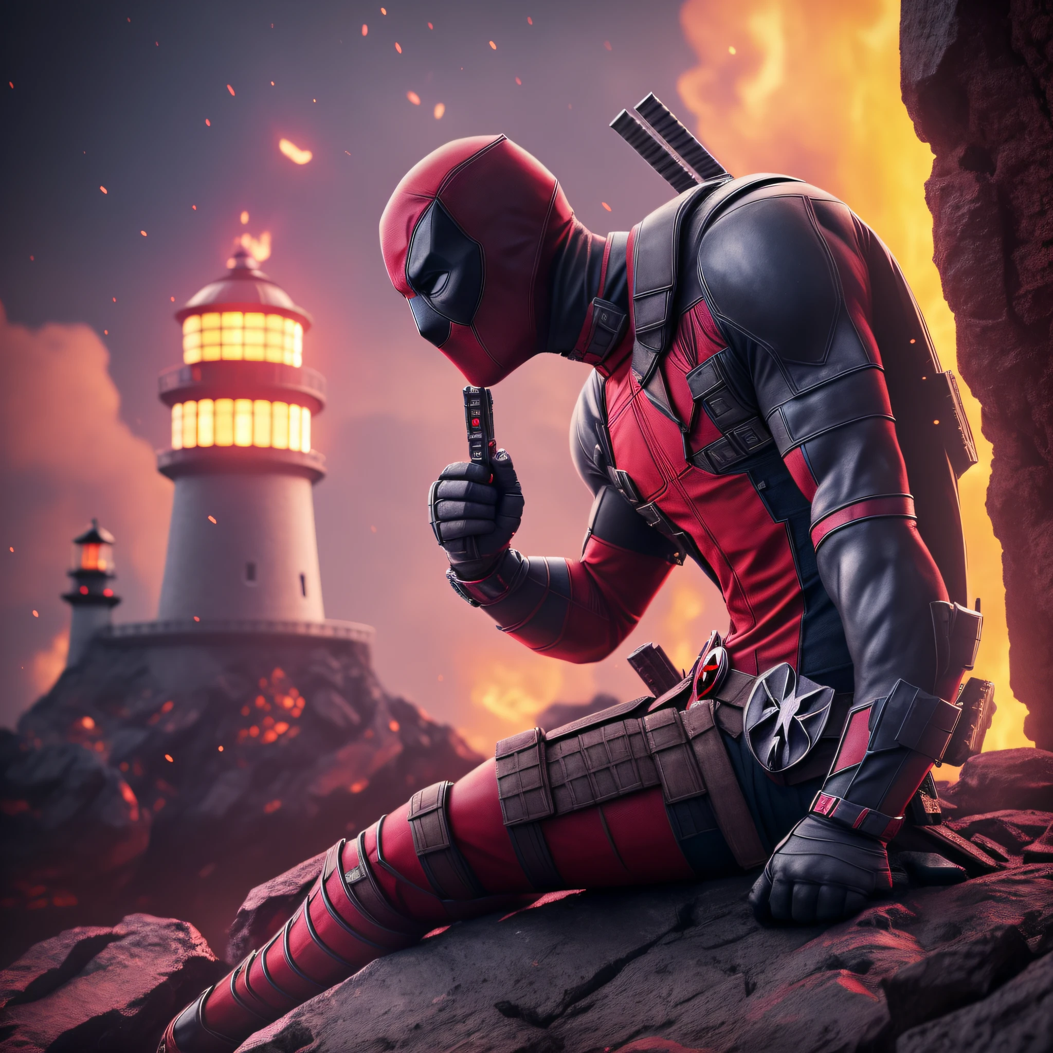 arafed deadpool sitting on a rock near a lighthouse, watching battle, battle against hell beasts, inferno beasts, lava beasts, from far, night scene, midnight, dark concept art, 3 d render character art 8 k, adventure hyper realistic render, portrait of deadpool, rendered in 8 k unreal engine, trending on artstation 4k, octane render unreal engine 8 k, 8k octane unreal render, 8 k cg render, deadpool, hero pose colorful city lighting, cg artist
