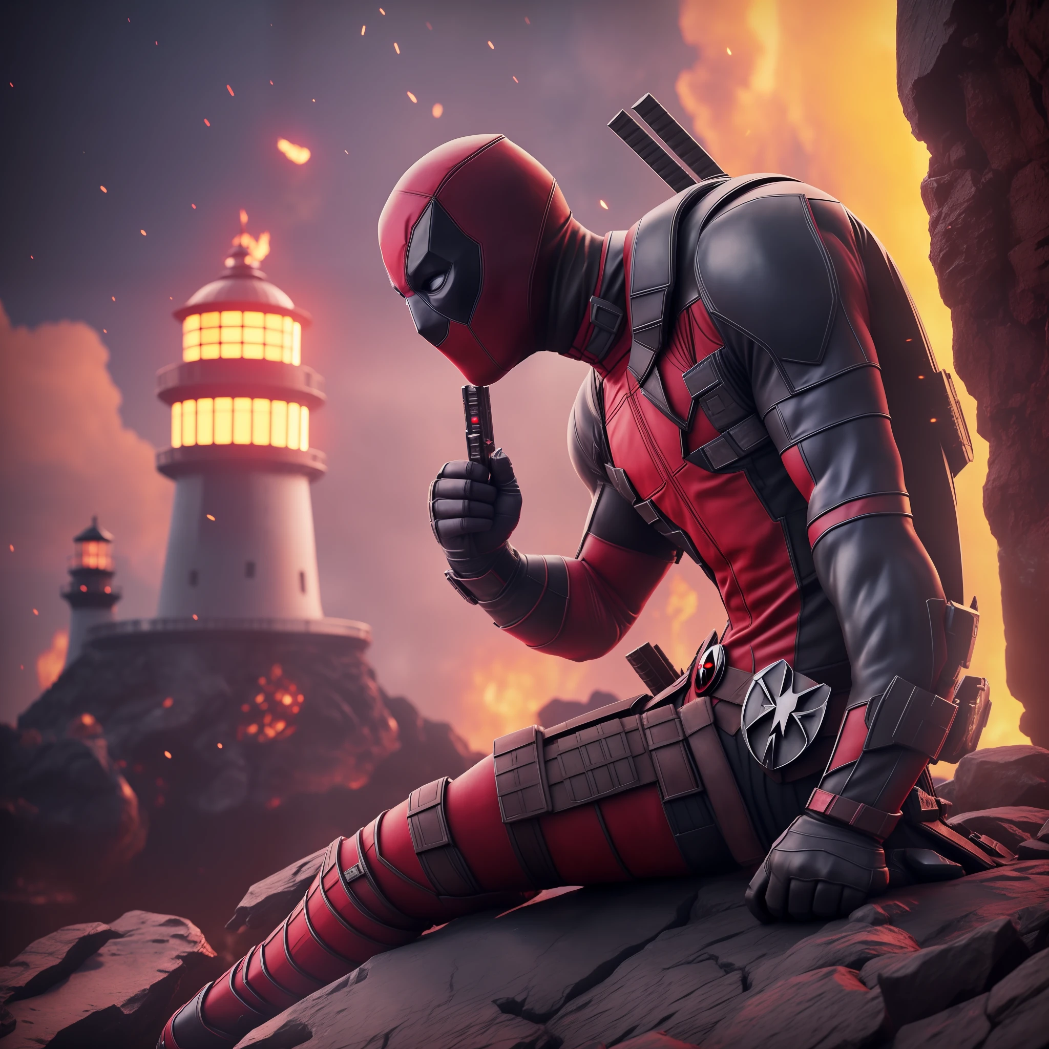 arafed deadpool sitting on a rock near a lighthouse, watching battle, battle against hell beasts, inferno beasts, lava beasts, from far, night scene, midnight, dark concept art, 3 d render character art 8 k, adventure hyper realistic render, portrait of deadpool, rendered in 8 k unreal engine, trending on artstation 4k, octane render unreal engine 8 k, 8k octane unreal render, 8 k cg render, deadpool, hero pose colorful city lighting, cg artist