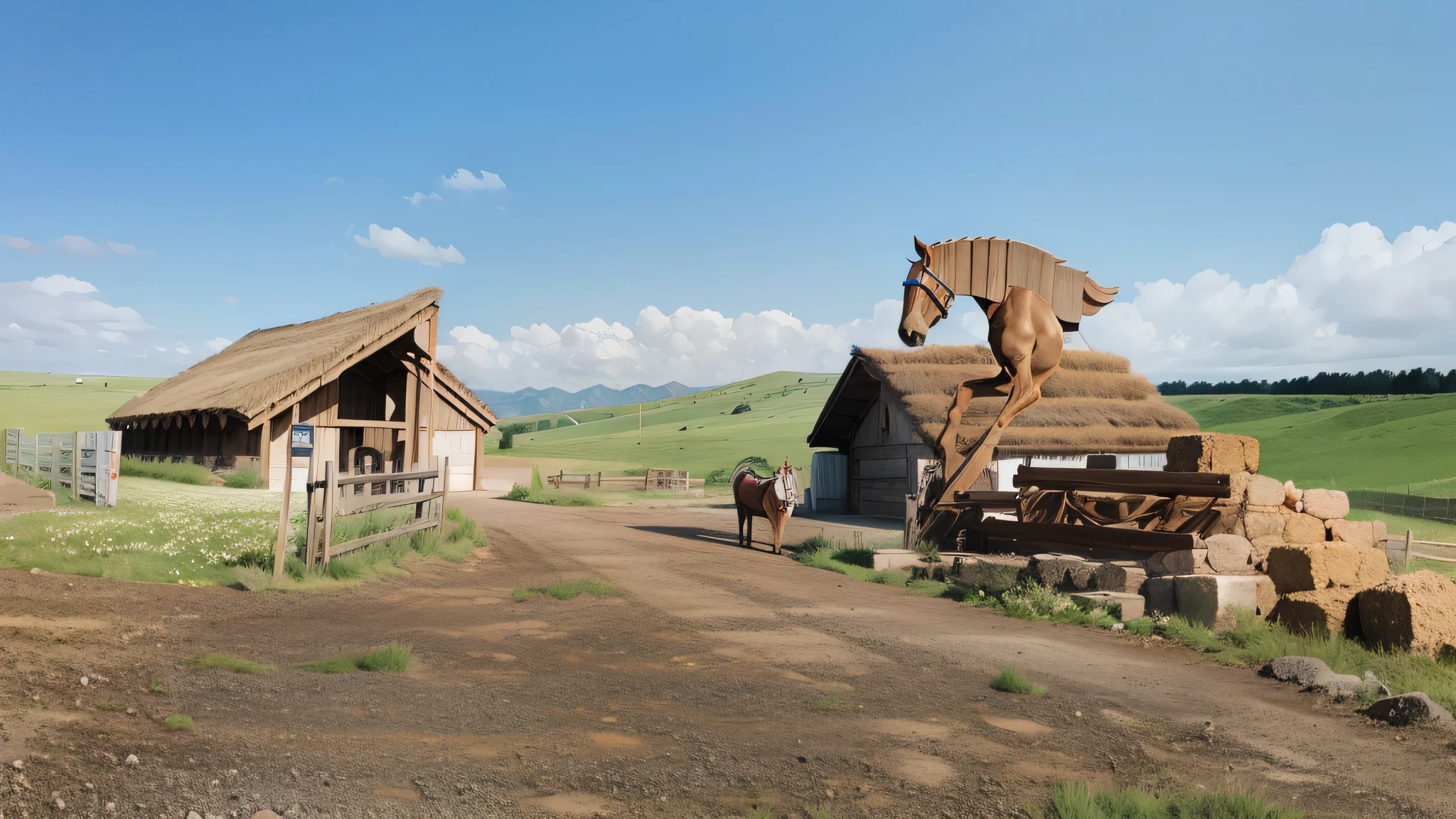 Documentary photography, hyper-real, prairie stables, entrance area, added ornament detail, full of details