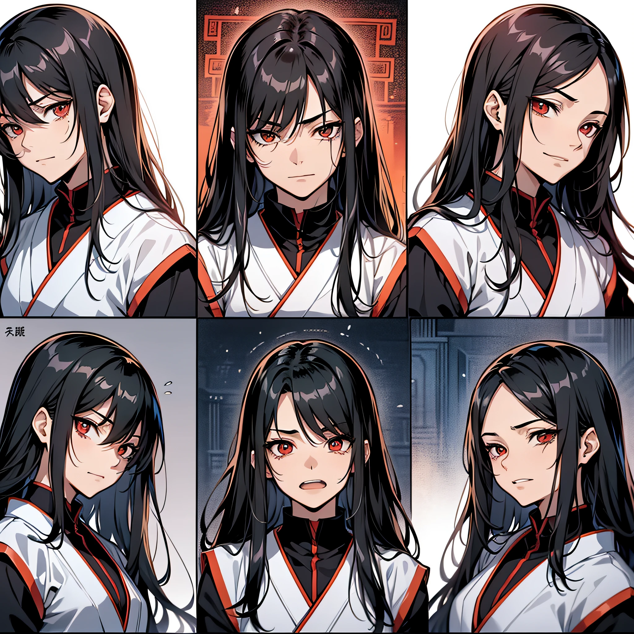 There is a Japanese-style webtoon page with multiple shots of the same character in the same clothes with different facial expressions: The webtoon page depicts one character, a young Asura guy with long black hair in a red tunic in different frames, the same character in each frame, a young Asura guy with long black hair in a red tunic but with different facial emotions. A young Asura guy with long black hair and a red tunic in every frame. Frame 1: Character laughs. Frame 2: the character is indifferent. Frame 3: The character is evil. Frame 4: The character smiles sweetly. Frame 5: the character is crying. Frame 6: the character is surprised. Frame 7: The character winks slyly. Frame 8: The character is bored and looks at the sky. Frame 9: the character screams angrily. The frames are neat and organized, with each frame having a white background. The character is drawn in traditional Japanese manga style, with clean anime-style lines. The skin is pale. Related characters, old comic book grid, white background