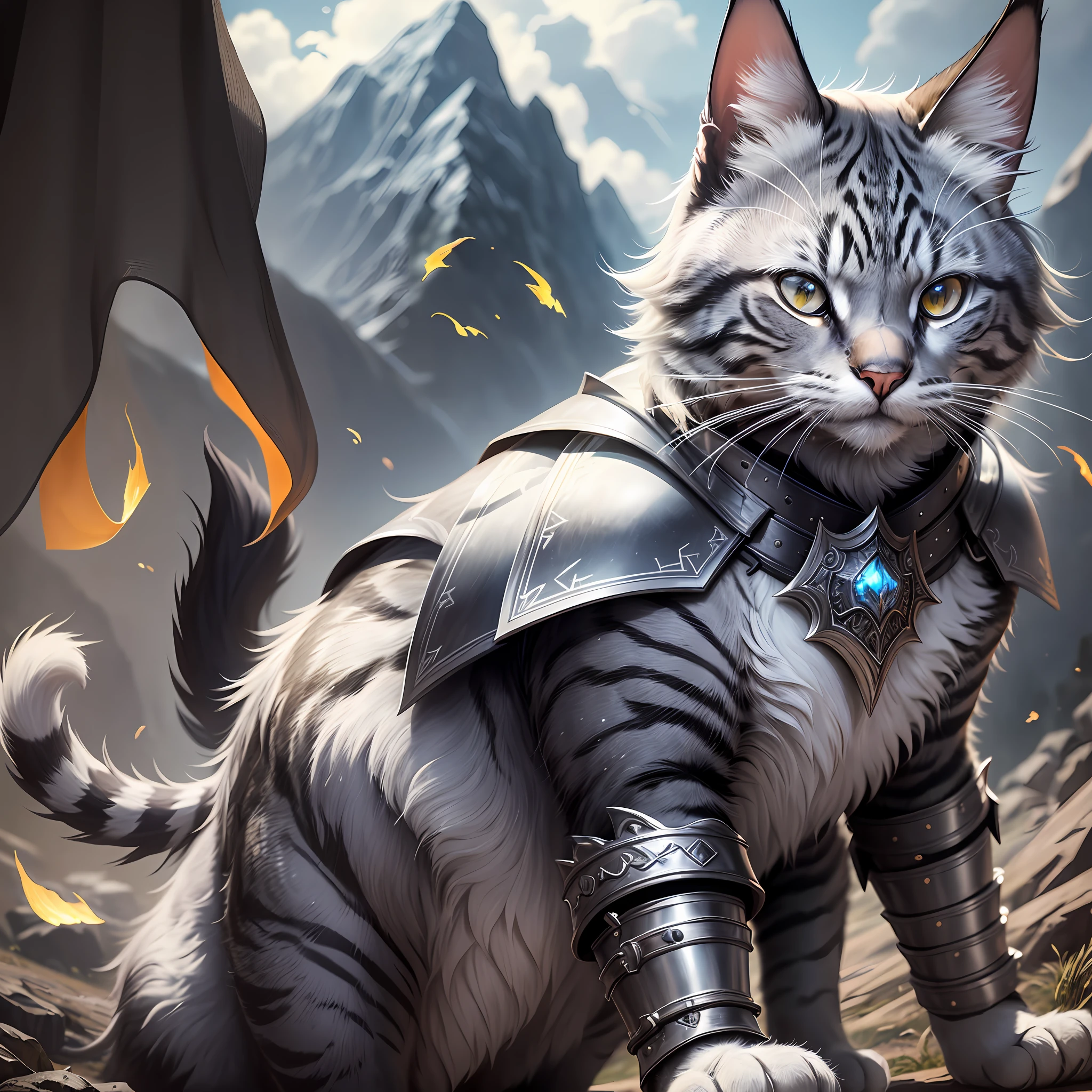 Cat Armor Details

User
Make a detailed image prompt with technical tips of a cat in armor 

ChatGPT
Clear! Here's a detailed image prompt of a cat in armor:

Image:
The image depicts a cat in majestic and imposing armor. He's standing in a combat pose, his front paws raised and his sharp claws exposed. The cat is of the Maine Coon breed, known for its large size and lush coat. Their coat is dark gray, with silvery reflections, which glow in the light. Each strand of fur appears to have been expertly intertwined with metal threads, giving it a metallic appearance.

Technical details:
The cat's armor is made of a mixture of metal and leather. Armor plates cover your chest, back, and flanks, providing additional protection. The plates are detailed with intricate carvings, which depict feline motifs such as claws and sharp teeth. Some parts of the armor are slightly oxidized, showing the passage of time and evidencing the battles faced by the cat.

Around the cat's neck, there is a collar of armor that extends to the shoulders, protecting its vital throat. The collar is also adorned with small inlaid jewelry, which captures light and adds a touch of elegance to the cat's appearance.

The cat's front paws are protected by armor gloves, which cover each finger and have sharp tips like claws. The gloves are flexible enough to allow the cat to move with ease, but robust enough to provide defense during a battle.

Piercing eyes peer out from behind small slits in the armored face mask. The cat's pointed ears emerge through cutouts at the top of the mask, giving it a fierce and determined appearance.

In the background, one can see a mountainous landscape, with dark clouds indicating that a storm is approaching. The wind blows around the cat, causing its fur and the flag attached to its armor to flutter.

Esper