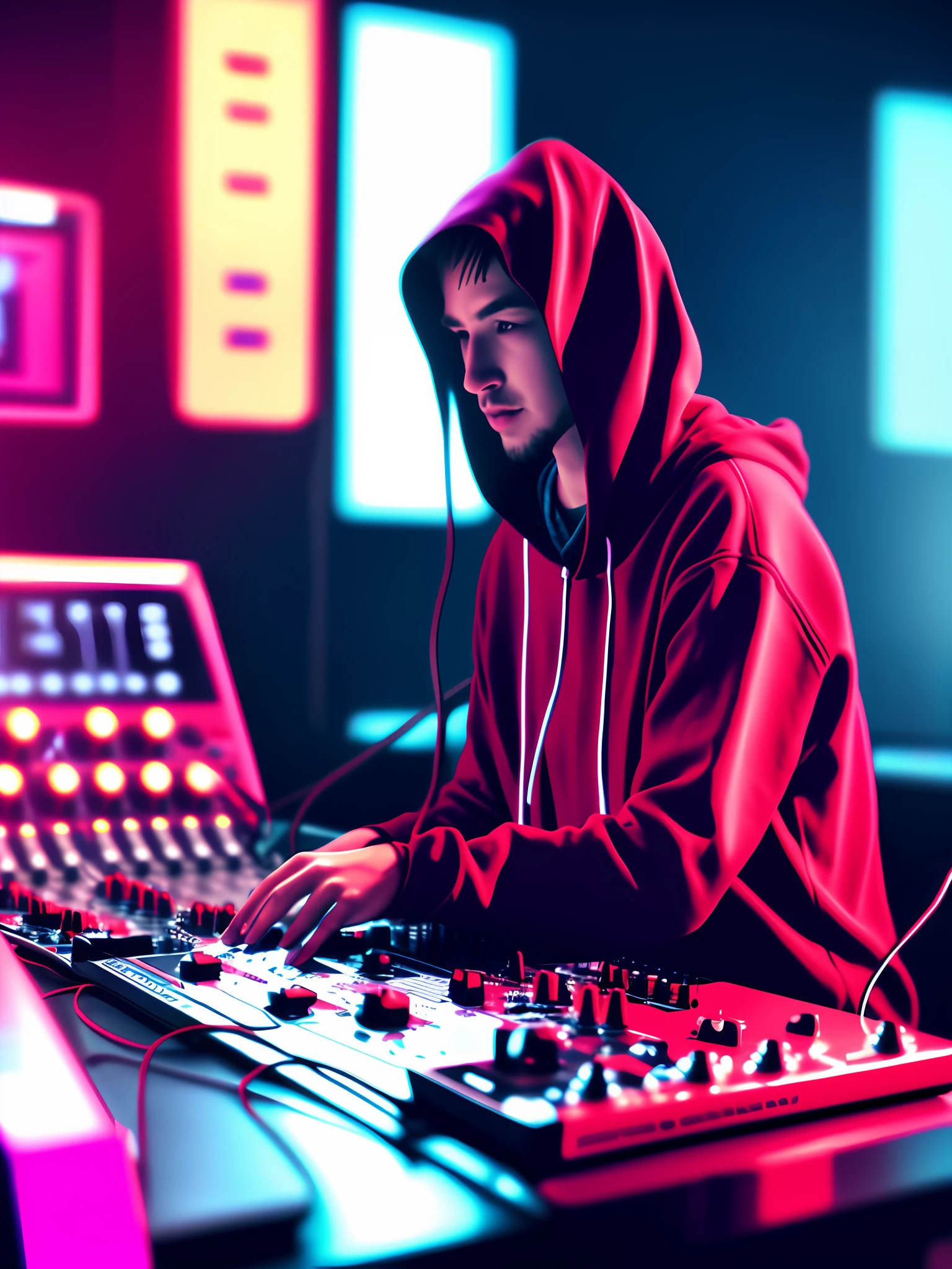 NeonNinja style, close-up of a person in a red hoodie, close-up of an audio mixer on a table