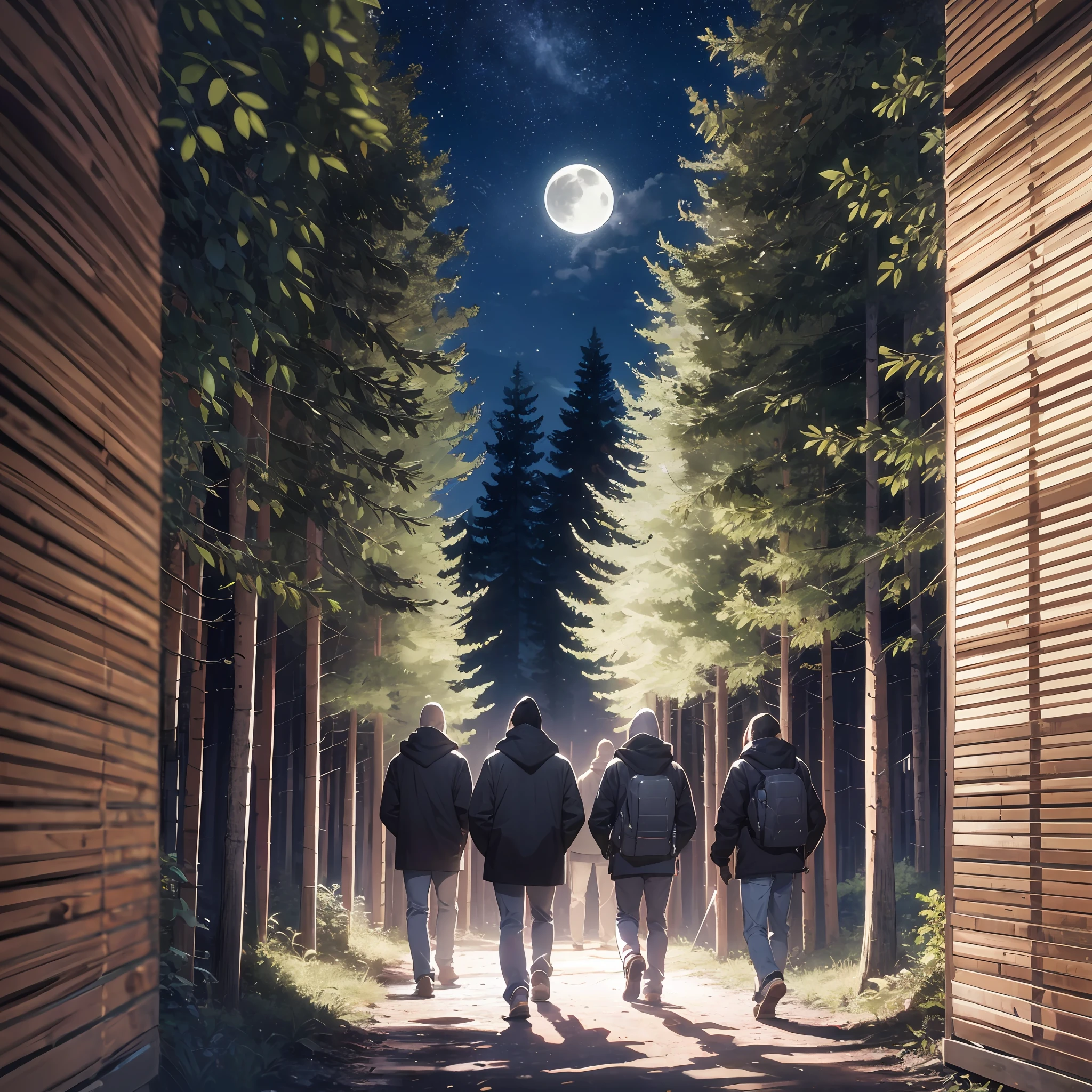 Four men walking in line in the middle of a pine forest at night with the moon illuminating the night --auto --s2