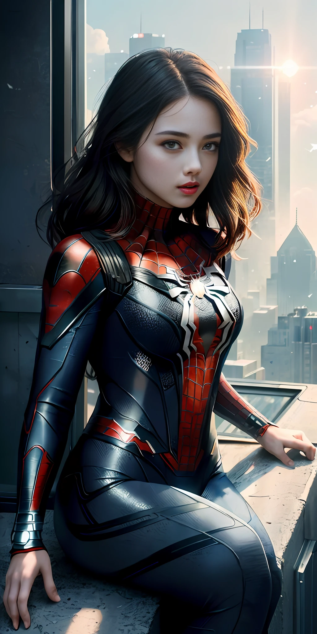 (1girl:1.3), Solo, (((Very detailed face)))), ((Very detailed eyes and face)))), Beautiful detail eyes, Body parts__, Official art, Unified 8k wallpaper, Super detailed, beautiful and beautiful, beautiful, masterpiece, best quality, original, masterpiece, super fine photo, best quality, super high resolution, realistic realism, sunlight, full body portrait, amazing beauty, dynamic pose, delicate face, vibrant eyes, (from the front), She wears Spider-Man suit, red and black color scheme, spider, very detailed city roof background, rooftop, overlooking the city, clear jawline, delicate face, detailed complex busy background, messy, gorgeous, milky white, highly detailed skin, realistic skin details, visible pores, clear focus, volumetric fog, 8k uhd, DSLR, high quality, film grain, fair skin, photo realism, lomography, futuristic dystopian megalopolis, translucent