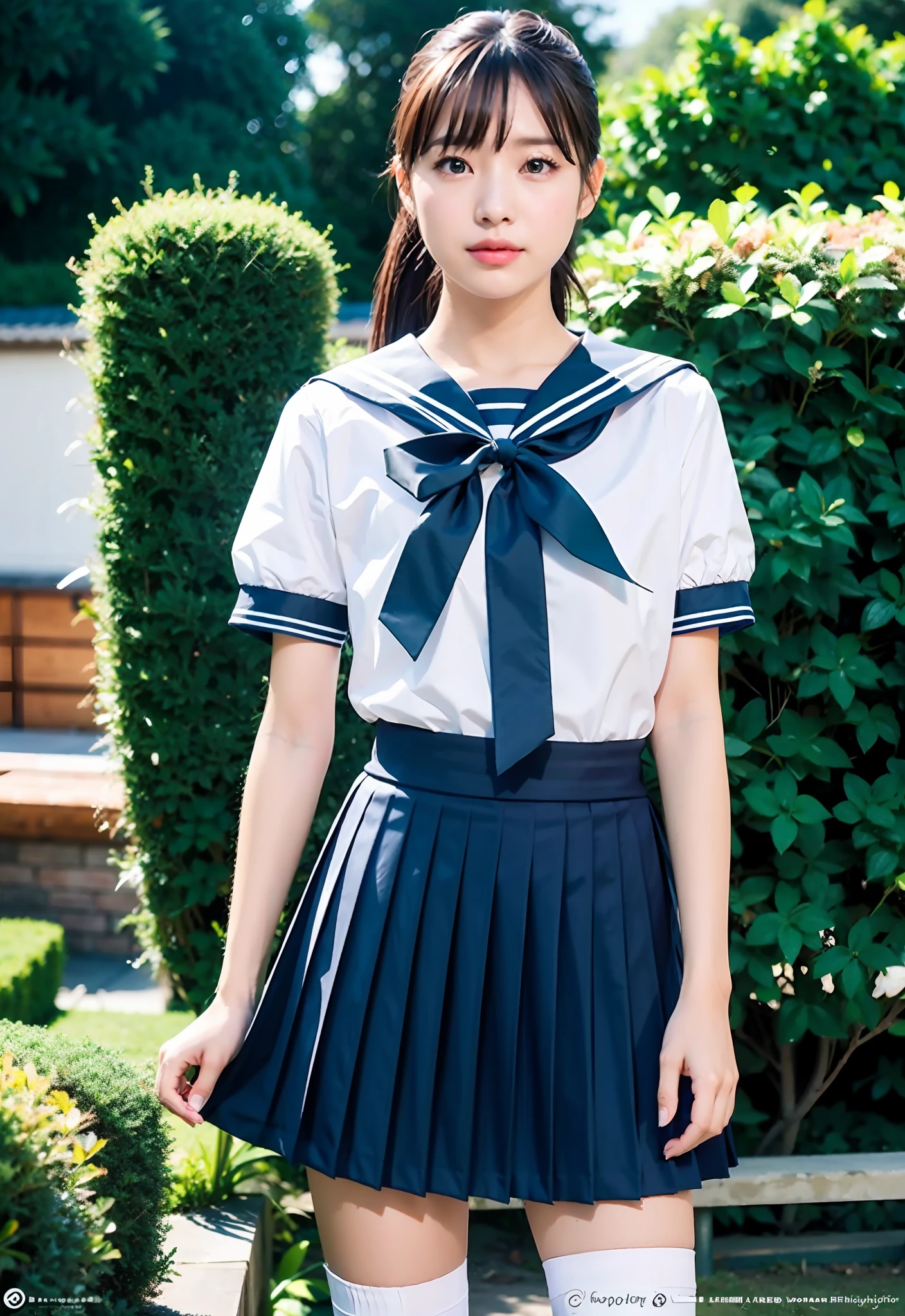 Top Quality, Ultra High Resolution, Cosplay Photo (Photorealistic: 1.4)
(1 girl in Japan), schoolgirl, idol,
((ponytail)), gray hair ribbon, floating hair 
Big eyes, looking at the viewer
Sailor uniform school uniform, black skirt, pleated skirt, ((sailor color)), white shirt, short sleeves, black tie, floating skirt, black thigh high high socks,
garden background, sunlight, wind,