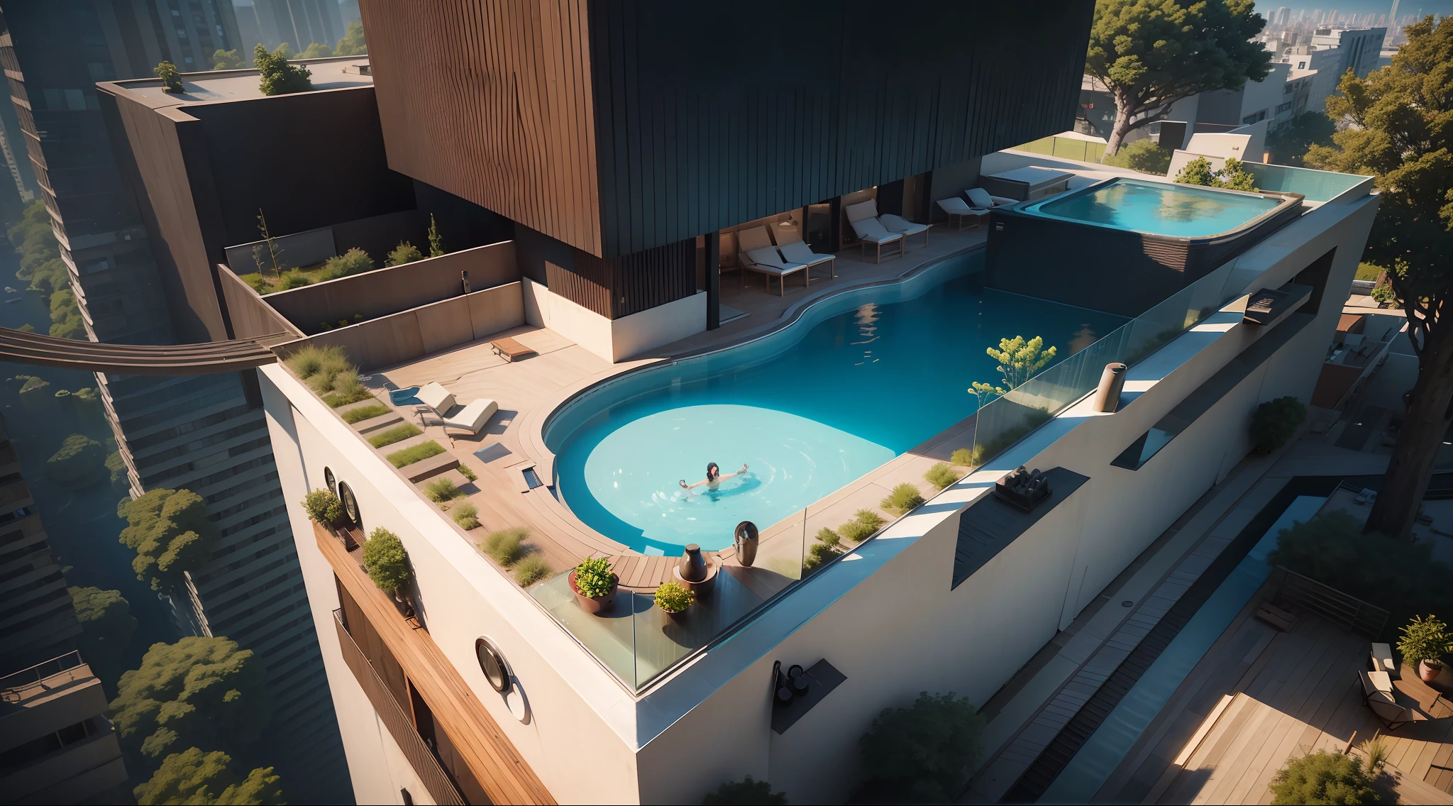 arafed view of a rooftop pool and a swimming pool in a city, infinity concentric pool, realistic depiction, swimming pool, city rooftop, majestic masterpiece, mantra rendering, architectural rendering, artistic render, infinity pool, perspective shot, set in tokyo rooftop, rooftop, sit on the edge of swimming pool, perspective view, architectural 3 d render, amazing view