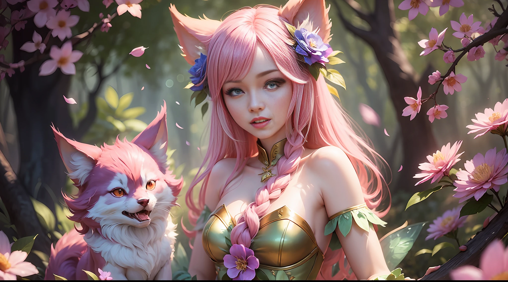 Ahri, from League of Legends, wearing a fairy outfit. I would like a whimsical and magical scene, with a lot of detail. I want your expression to be charming and cheerful, especially your pink hair. Please include plenty of flowers, sparkling sparks, and a soft, resplendent light. LEAGUE OF LEGENDS-STYLE ART --auto --s2