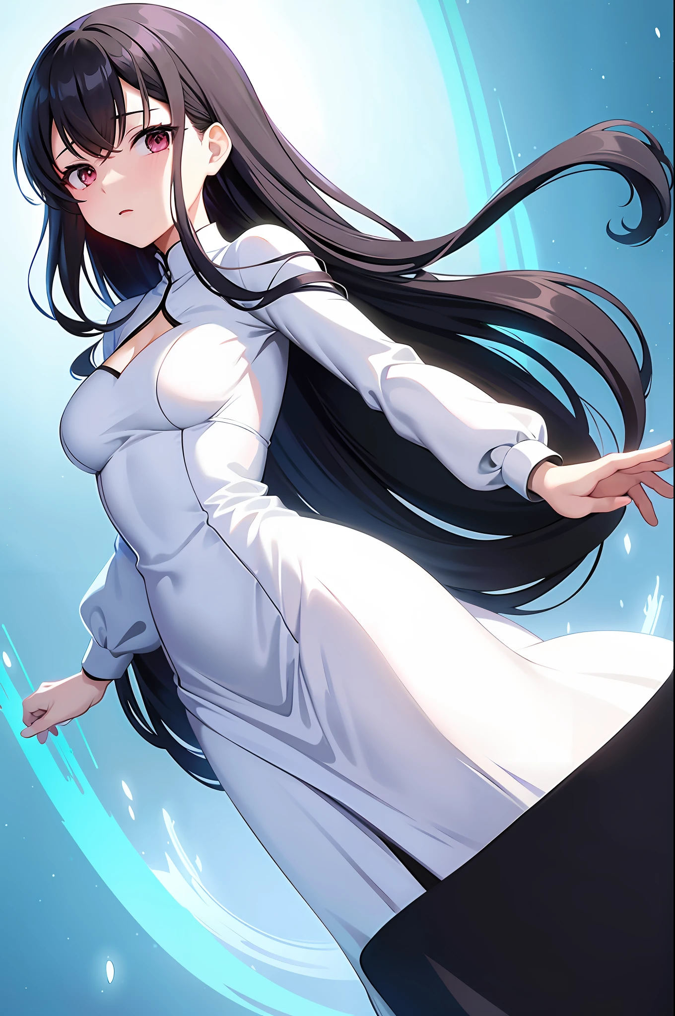 anime girl in white dress flying through the air, albedo from the anime overlord, anime moe artstyle, anime girl with long hair, albedo from overlord, hestia, black - haired mage, very long white cloak, flowing white robes, official art, anime wallaper, anime visual of a cute girl, by Jin Homura