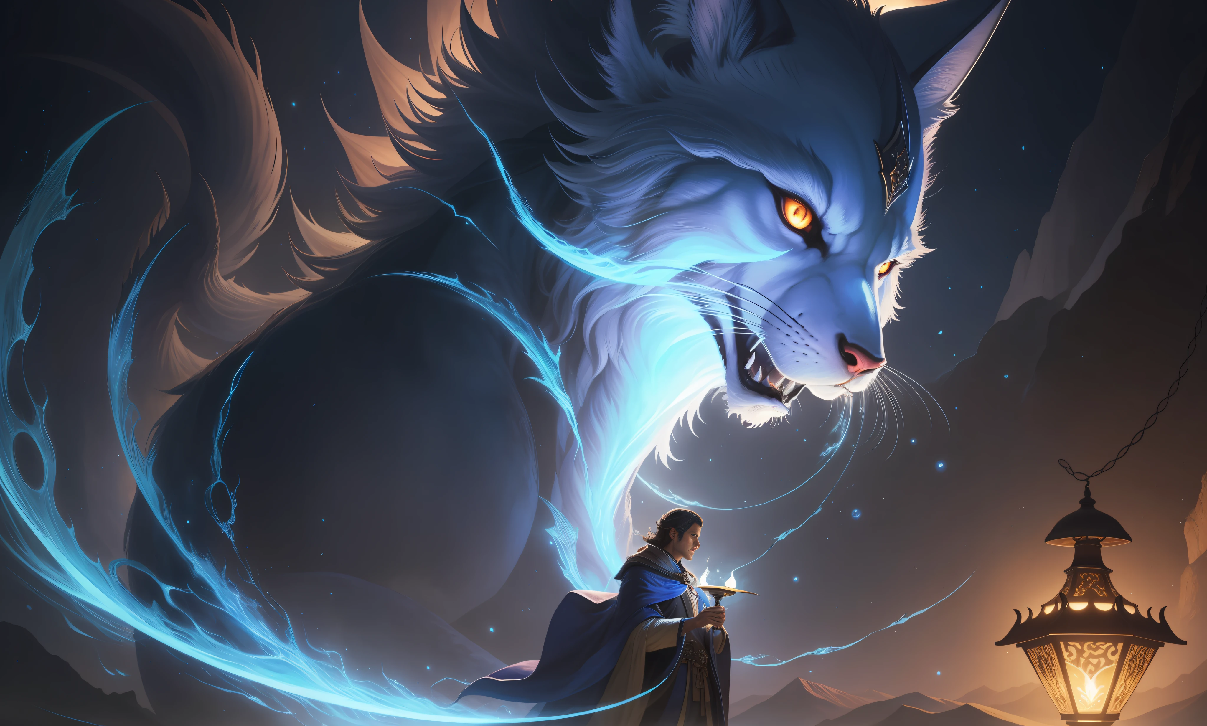Close-up of a man holding a lamp in a dark room, a boy summoner, and his summoned beast Nine-Tailed Fairy Fox, the summoned beast is the Mountain and Sea Sutra, realistic fantasy illustration, wizard casting, fantasy art Behance, Jeff Easley and Ross Tran, fantasy card game art, drawn in arcane style, light wizard, drawn by Pablo Muñoz Gomez
