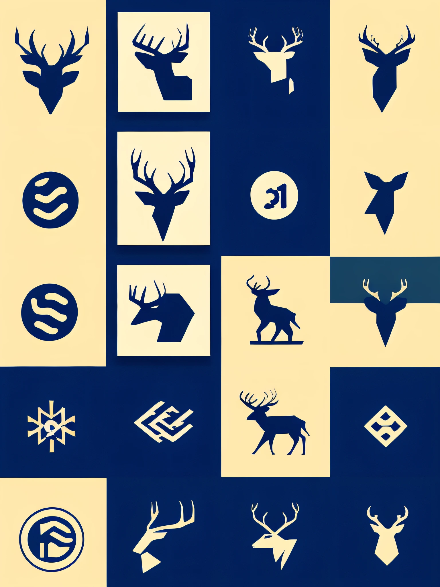 1.2)negative space symbols, (Poster:1.2)poster with many silhouettes of (minimalist negative space geometric animal logo:1.2), (light & shadow:1.2)(logo style:1.4), (international style:1.2), (elk:1.3), (deer:1.3).