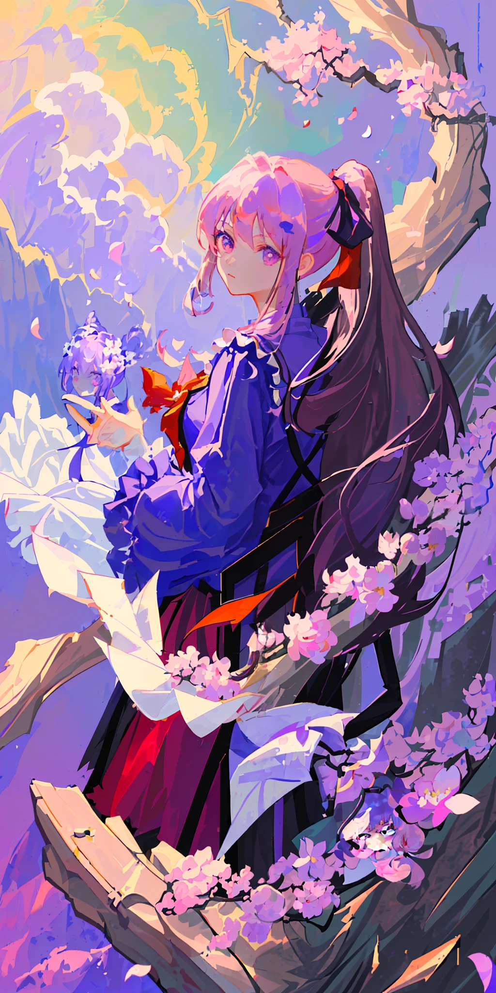 ((masterpiece,best quality)),(负空间:1.2),(1girl, solo:1.4),petals,pink eyes,dragon girl,long and purple hair,high ponytail,water,flowers,dragon background