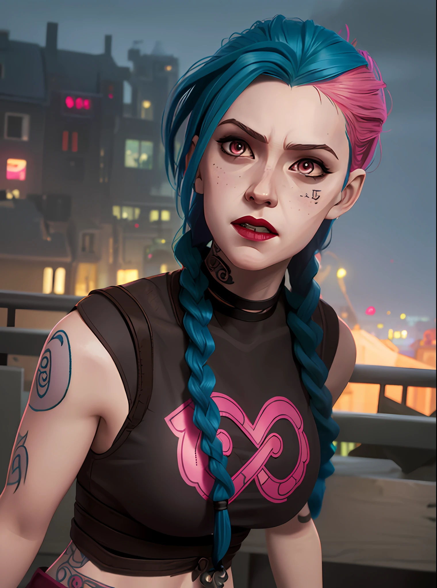 bright, focus on face, beautiful woman face, thinned nose, portrait, crazy, insanity, bright pink eyes, arcane style, 1girl, arm tattoo, asymmetrical bangs, bangs, blue hair, braid, brown shirt, cloud tattoo, looking at viewer, laughing, crazy, uncontrollable laughter, crazy look, night, city, green hair, long hair, belly, pink eyes, red lips, Shirt, Solo, Standing, Tattoo, Twin Braids, Upper Body, Arcane Bad Luck, 'Azar \(League of Legends\)