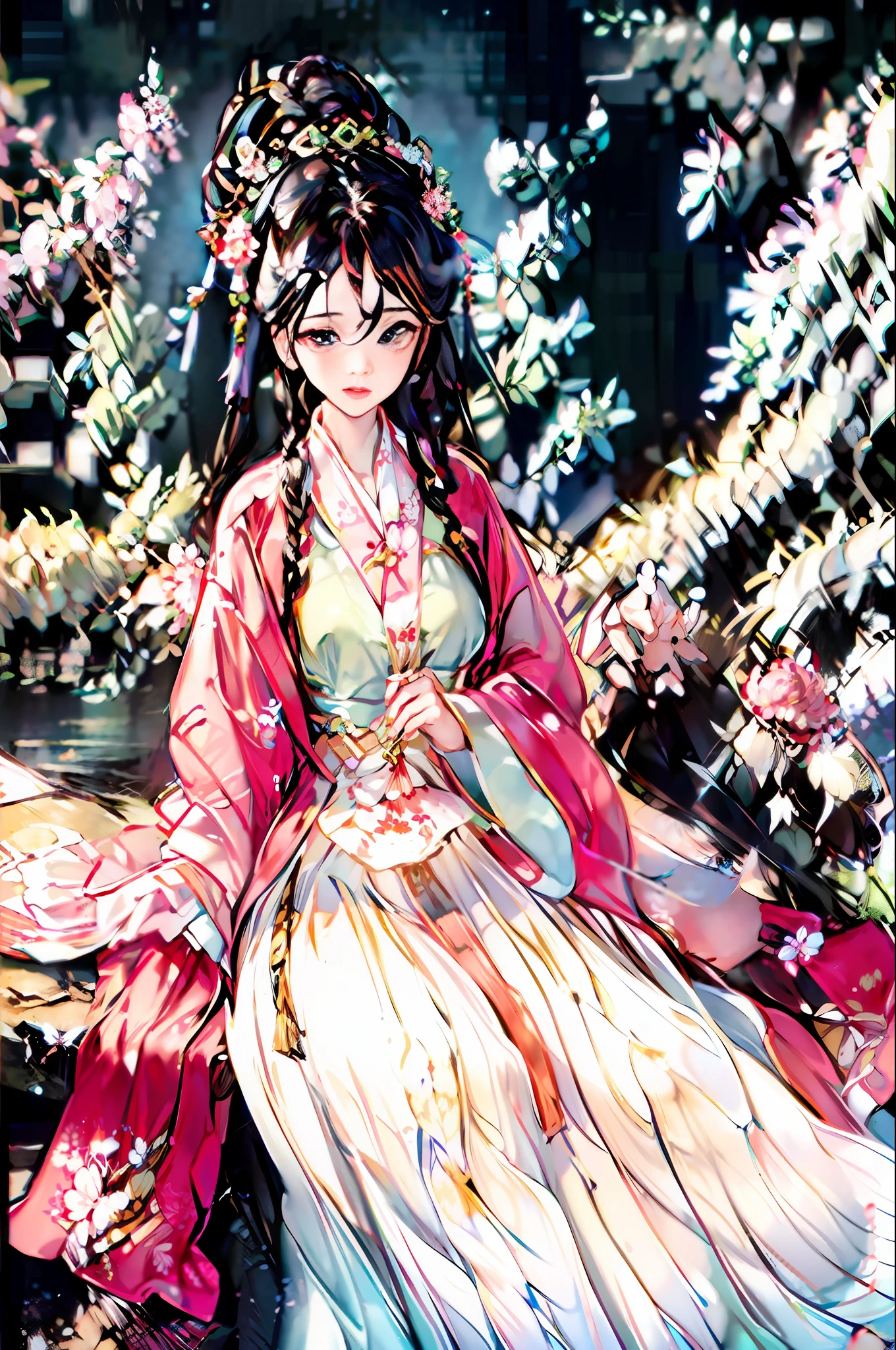 best quality,(RAW photo:1.2),(masterpiece:1.4),(photorealistic:1.4),(highres:1.4),
1girl, long hair, braid, butterfly, depth of field, from above,
hanami, cherry blossoms, lake, beautiful detailed water, black hair, long eyelashes,
pureerosface_v1, hanfu,
AESPAKARINA,