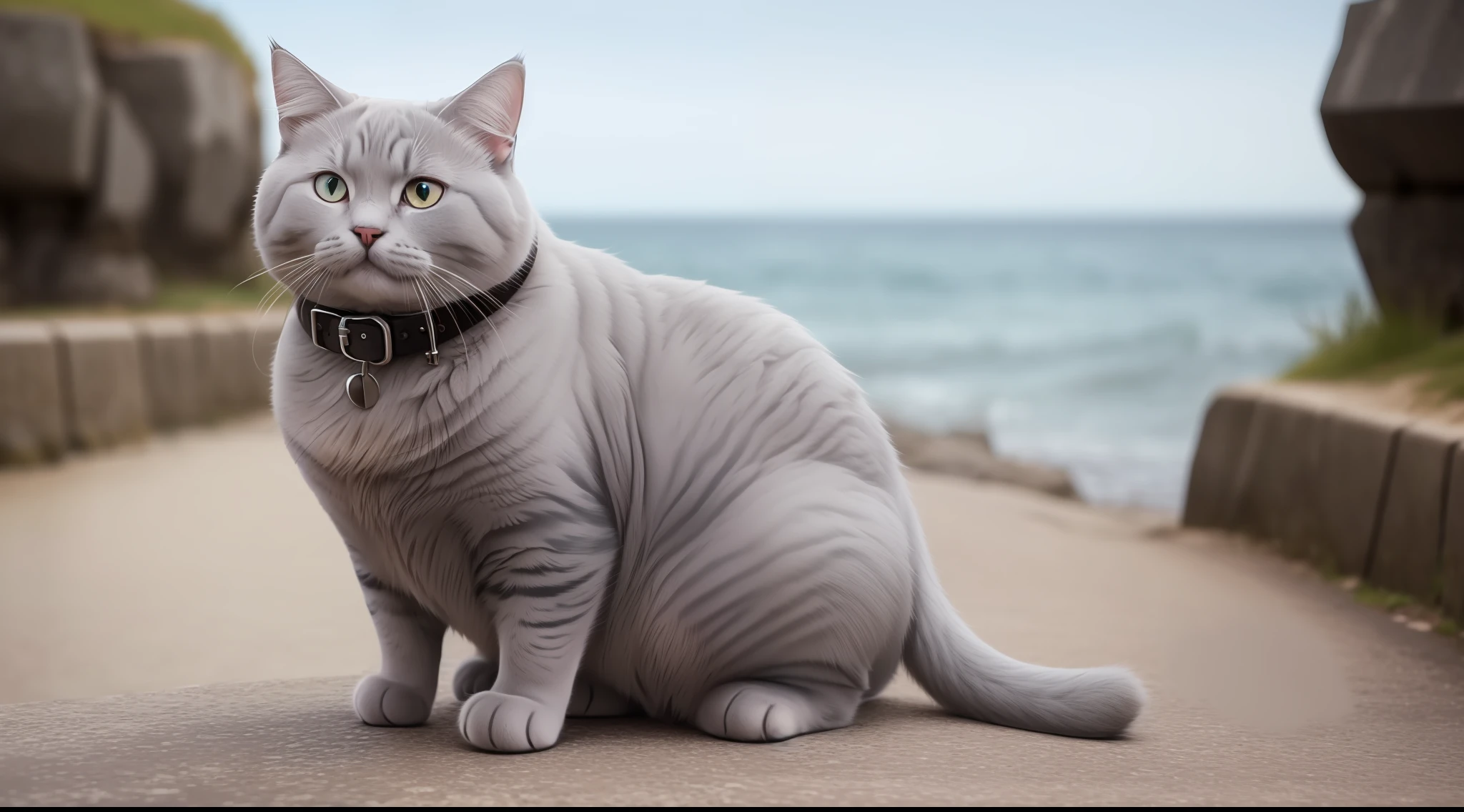 Chubby and cute cat by the sea, day, beautiful, super detailed, realistic, gray coat, British breed, with a bow around the neck, in dynamics, photo taken from afar, 8k, wide shot, background lock, detailed eyes, detailed muzzle