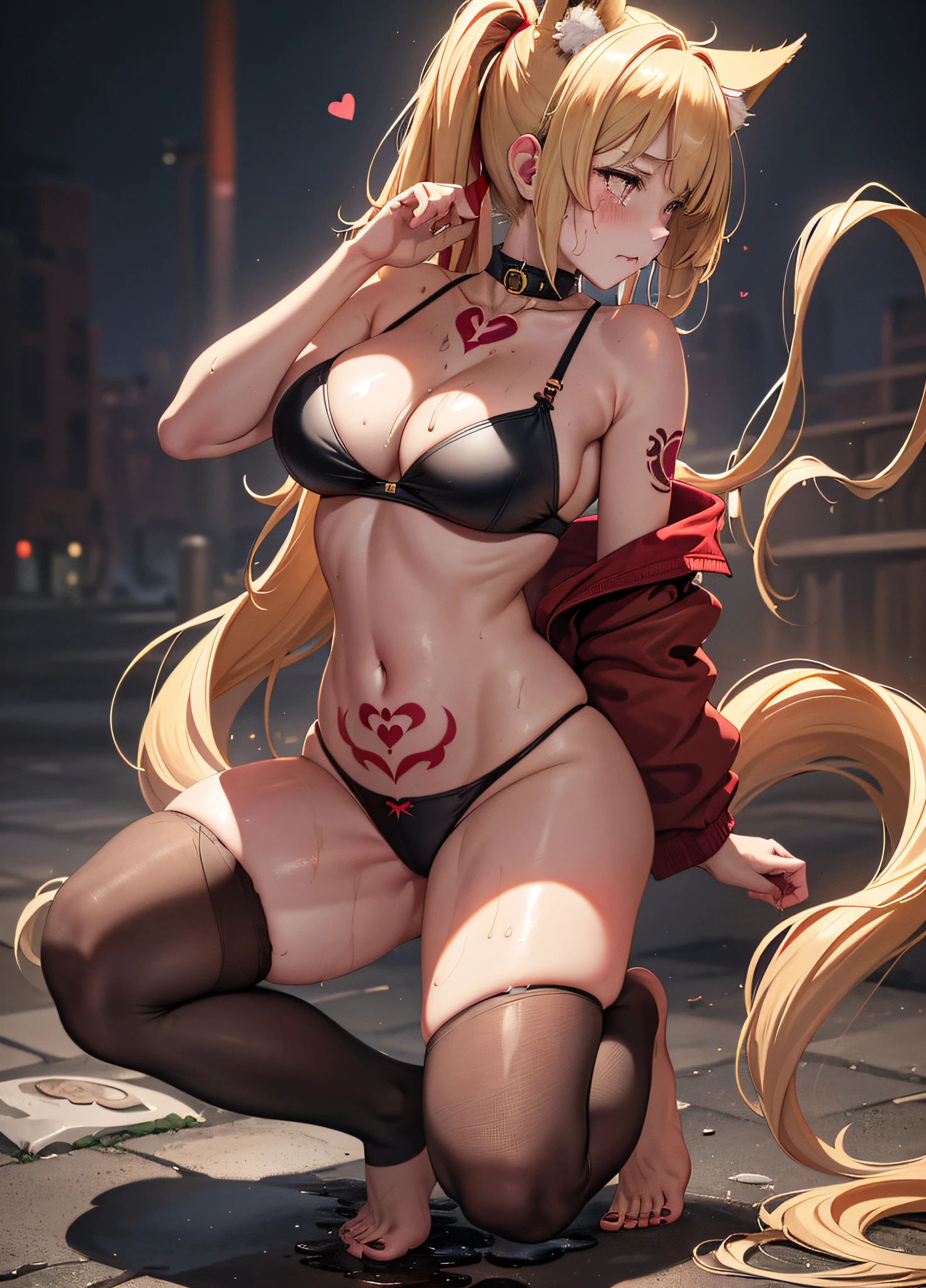 Masterpiece, Top Quality, Alone, (Young Woman), Solo, Blonde Twin Tails, Big, Thighs, Dog Ears, (Golden Eyes), Red Collar, ((Tattered Clothes))), Black Bra, Black Pants, Fluffy Tail, (Barefoot), Black Fishnet Stockings, (((Red and very large heart tattoo under the navel)), sad, (Crying))))), (cheeks are red)), (Body is dirty), ( Sweating a lot), (((The whole body is wet)), (depressed)), (trembling), Walking, ((Midnight Park)))), (Full body figure), (Profile)), ((((Feces)))
