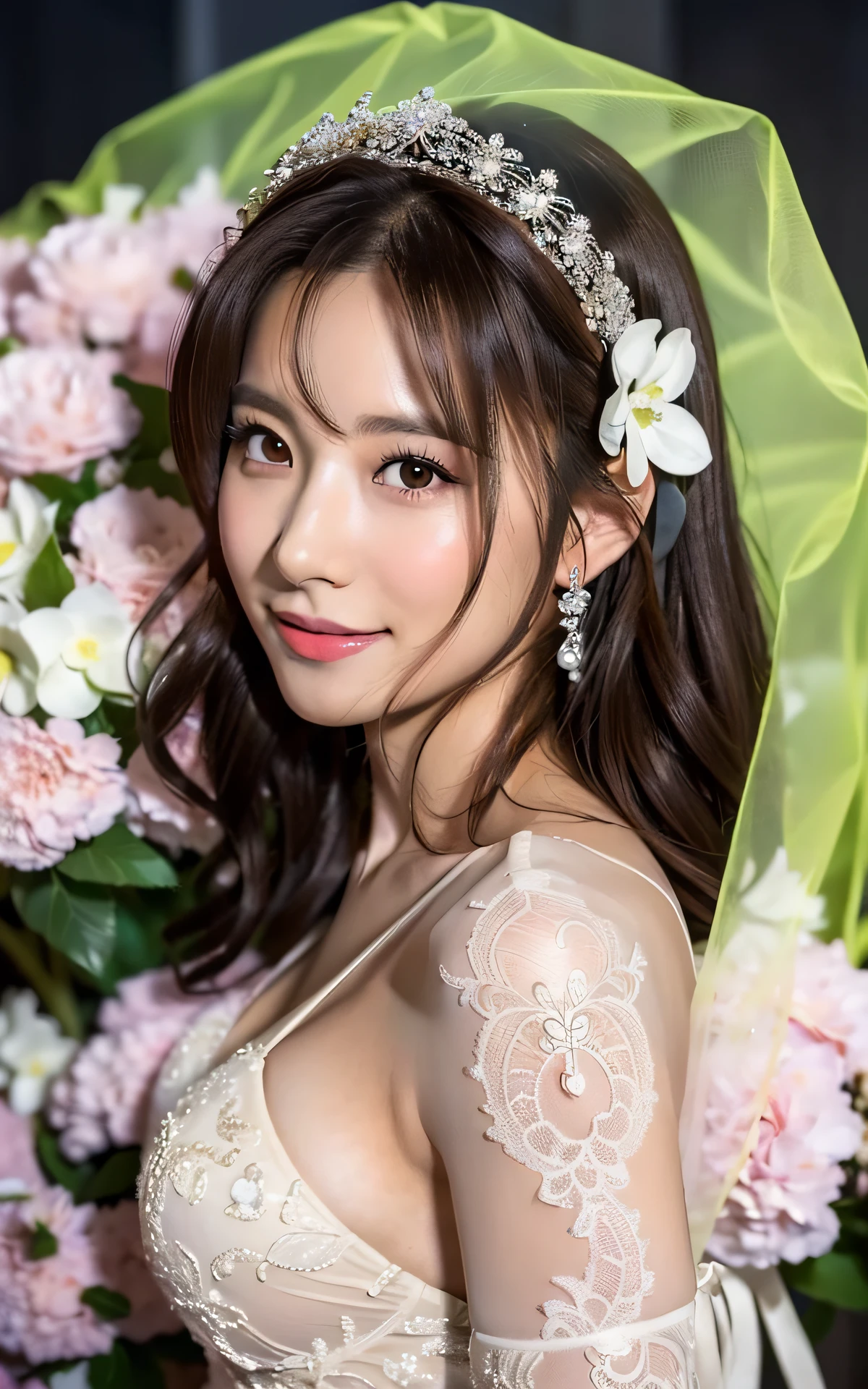 (Best Quality, 8k, 32k, Masterpiece, UHD: 1.2), Dainty Japan Woman Pictures, 1 Girl, (Dark Brown Hair), Double Eyelids, (Big: 1.2), Sexy, (Wedding Dress, Wedding Veil)), (Deep Slit: 1.2), (Side Boob), (Smile: 1.1), Overhead Shot