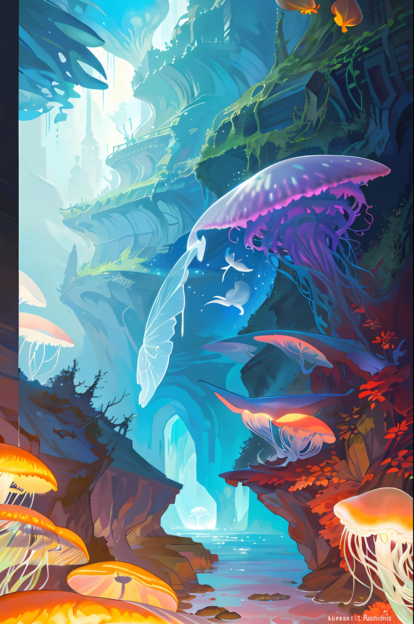 Masterpiece, High Quality, Ocean Forest, City, Fantastic Fantasy, Glowing Plants, Coral Viaduct, (Swarm of Glowing Jellyfish), (Shoal of Fish with Transparent Wings Flying in the Sky), Misty, Extreme Detail, Morning Light, Epic Composition, (Intricate Detail), (Intricate Design, Ultra Detail: 1.2), Art Station, (Masterpiece, Best Quality), Ultra HD, 32k --v 6