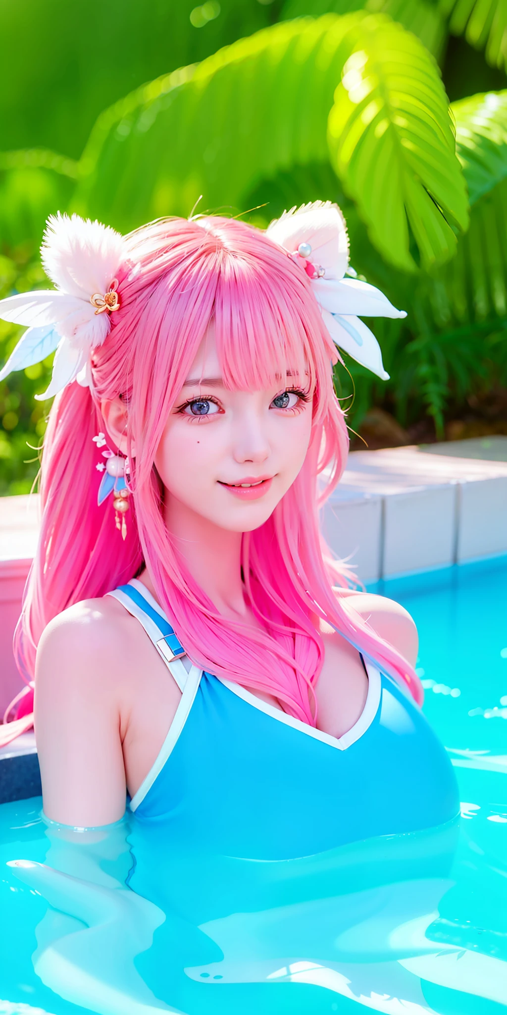 (8K, 4K, Best Quality, High Resolution: 1.2), (Masteristic, Realistic, Photoreal: 1.37), 1 Girl, Solo, Beautiful Face, Eyelashes, Nose, Glossy Lips, (Fine Eyes, Beholder, Fair Skin, White Skin: 1.5), Fine Complexion, Upper Body,
Big, big, (nude: 1.5),
Open-air bath,
ridiculously long hair, blond hair, pink hair, bangs, hair ornaments, bows, with two sides up,
Young, old, dark blue school swimsuit