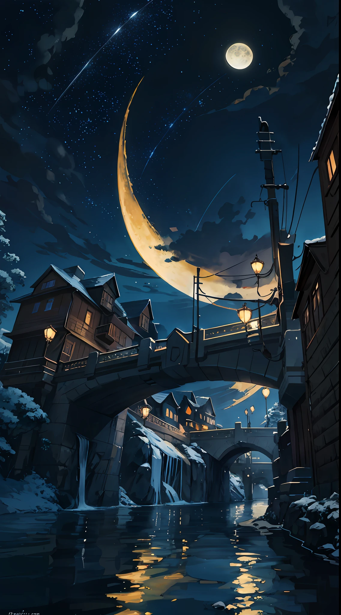A painting of a river with stars and moon in the sky, concept art inspired by Tosa Mitsuoki, pixiv contest winner, best quality, fantasy art, beautiful anime scene, a bright moon, moonlit starry environment, dream painting, Anime Background Art, Fantasy Landscape Art, Fantasy Night, Anime Background, Background Artwork, Fantastic Art, Atmospheric Anime, Starry Sky, Detail Enhanced.