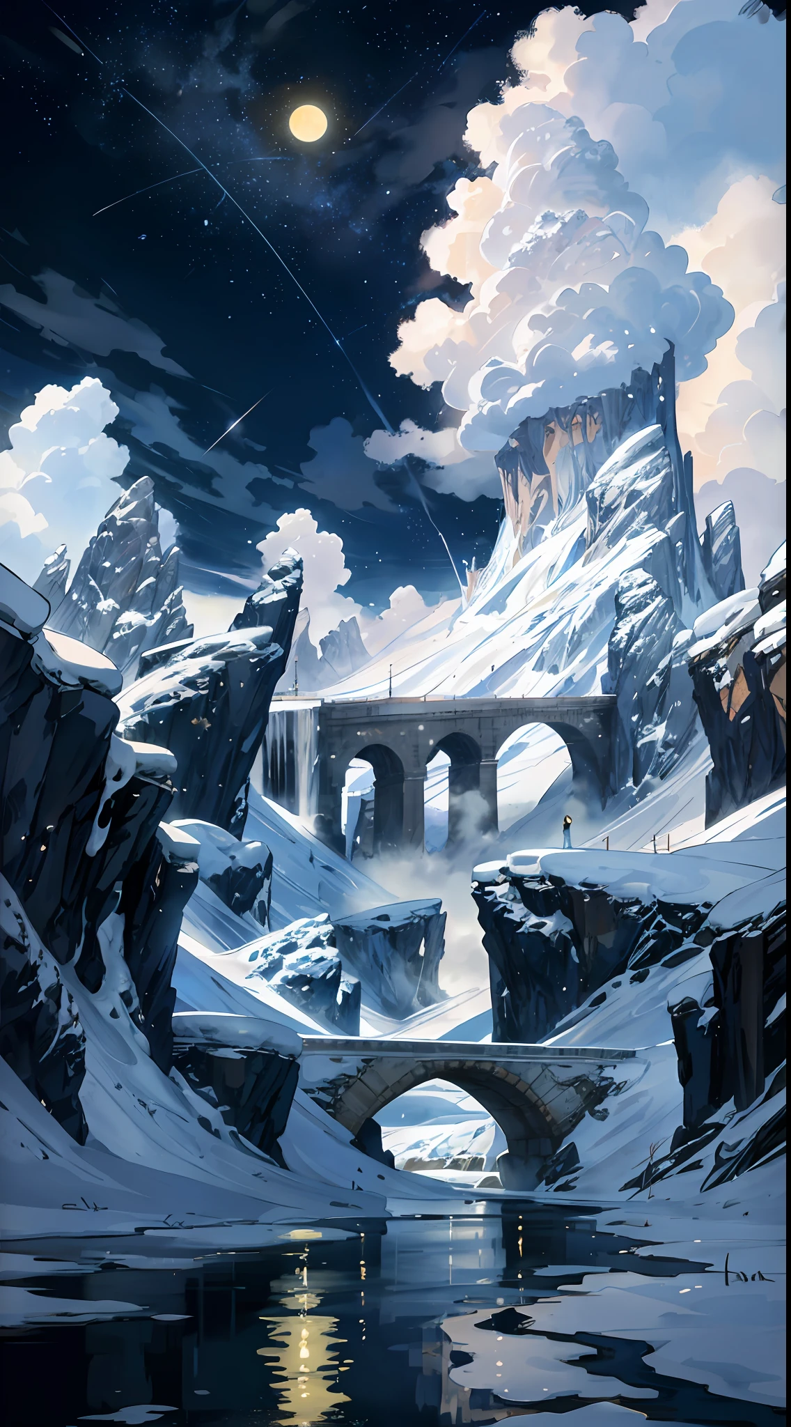 A painting of a river with stars and moon in the sky, concept art inspired by Tosa Mitsuoki, pixiv contest winner, best quality, fantasy art, beautiful anime scene, a bright moon, moonlit starry environment, dream painting, Anime Background Art, Fantasy Landscape Art, Fantasy Night, Anime Background, Background Artwork, Fantastic Art, Atmospheric Anime, Starry Sky, Detail Enhanced.