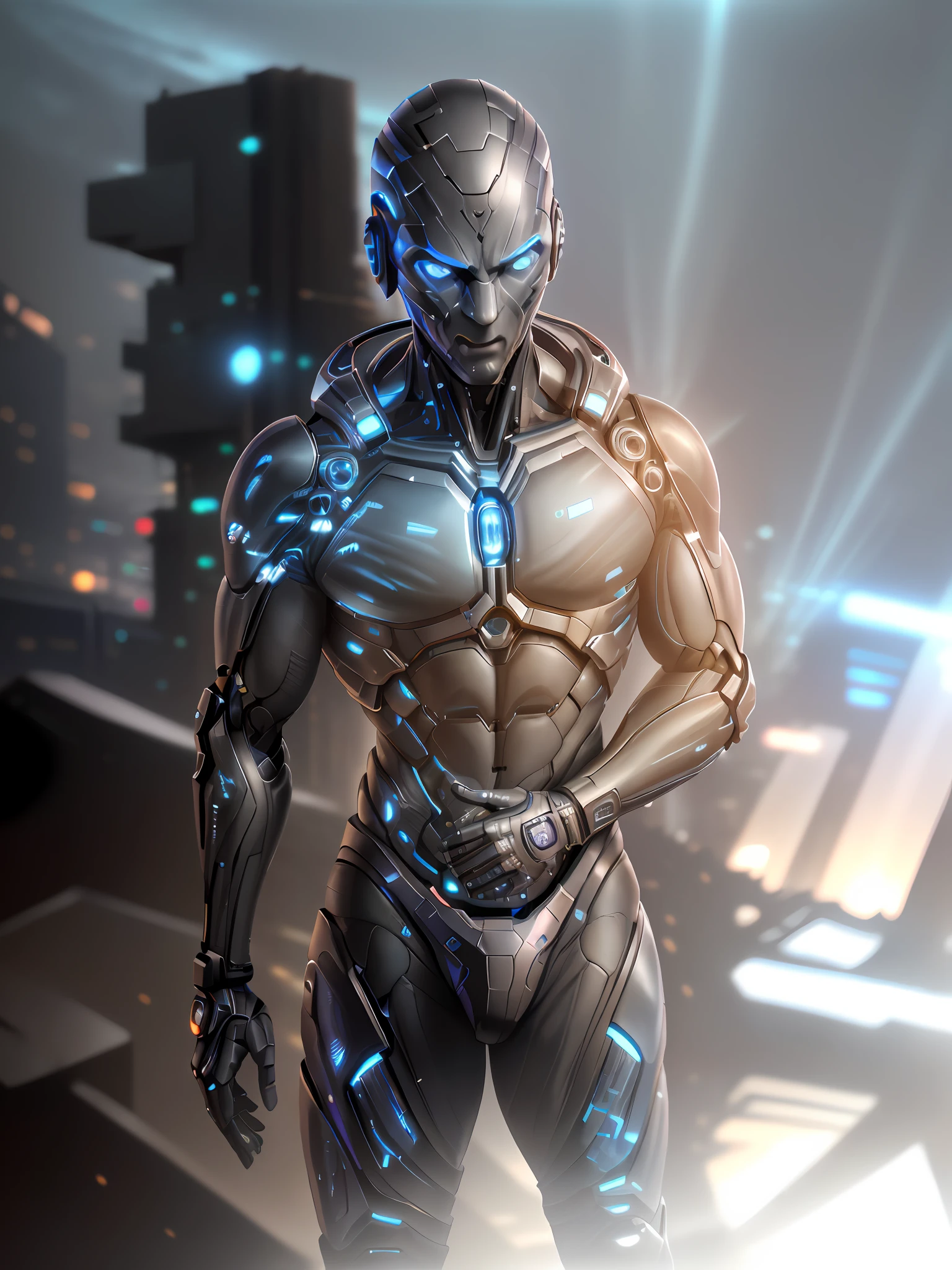 hyper-realistic of a (cyberpunk man), ((male)), (bronze) skin, detailed (an impressive blue human eye and a bright cybernetic eye), robust, adaptable (half human face, half perfectly integrated cybernetic enhancements), (futuristic cityscape illuminated by neon reflecting in the cybernetic eye), with a detailed enigmatic face, full body (modern and functional cyberpunk costume), real, elegant, realistic, hyper realistic,  Highly Detailed, Depth of Field, Detailed and Intricate, Photo, HD, Cinematic, Dynamic Lighting, (bokeh), ((beautiful)), lens reflection, (divine rays: 1.1), (cinema effect), gradient color progression, cinematic film grain, (subsurface scattering) ,((detailed face and eyes)), (detailed iris:1.3)