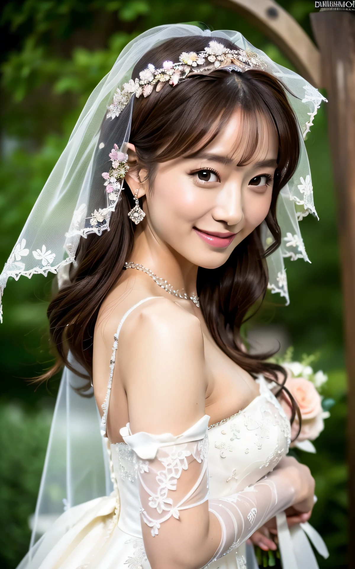 (Best Quality, 8k, 32k, Masterpiece, UHD: 1.2), Dainty Japan Woman Pictures, 1 Girl, (Dark Brown Hair), Double Eyelids, (Big: 1.2), Sexy, (Wedding Dress, Wedding Veil)), (Deep Slit: 1.2), (Side Boob), (Smile: 1.1), Overhead Shot