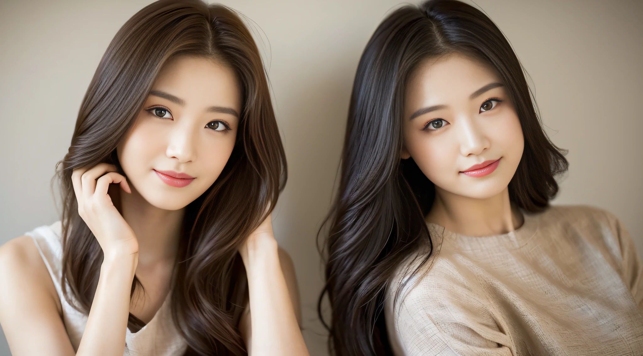 2girl, woman in a fluent modal dress, soft and delicate color, elegant temperament, elegant intellectual feeling, high image quality, long hair, fine skin texture and cloth texture, detailed eyes, detailed long eyelashes, double eyelids, portrait photography, focal length 85mm, aperture F1.2, God perspective, realism, smile