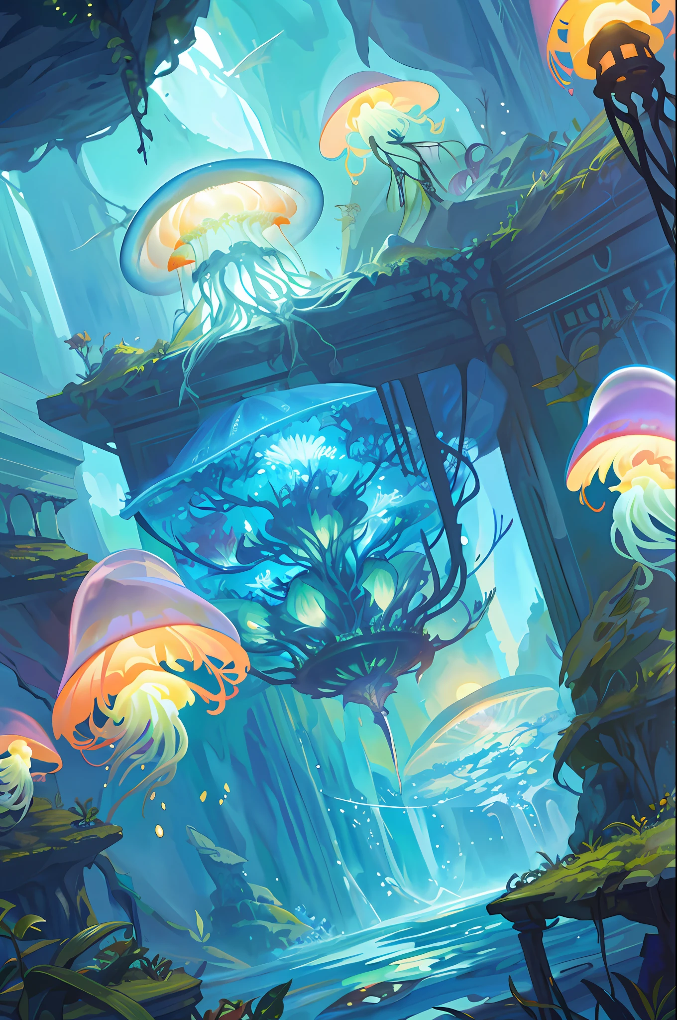 Masterpiece, High Quality, Ocean Forest, City, Fantastic Fantasy, Glowing Plants, Coral Viaduct, (Swarm of Glowing Jellyfish), (Shoal of Fish with Transparent Wings Flying in the Sky), Misty, Extreme Detail, Morning Light, Epic Composition, (Intricate Detail), (Intricate Design, Ultra Detail: 1.2), Art Station, (Masterpiece, Best Quality), Ultra HD, 32k --v 6