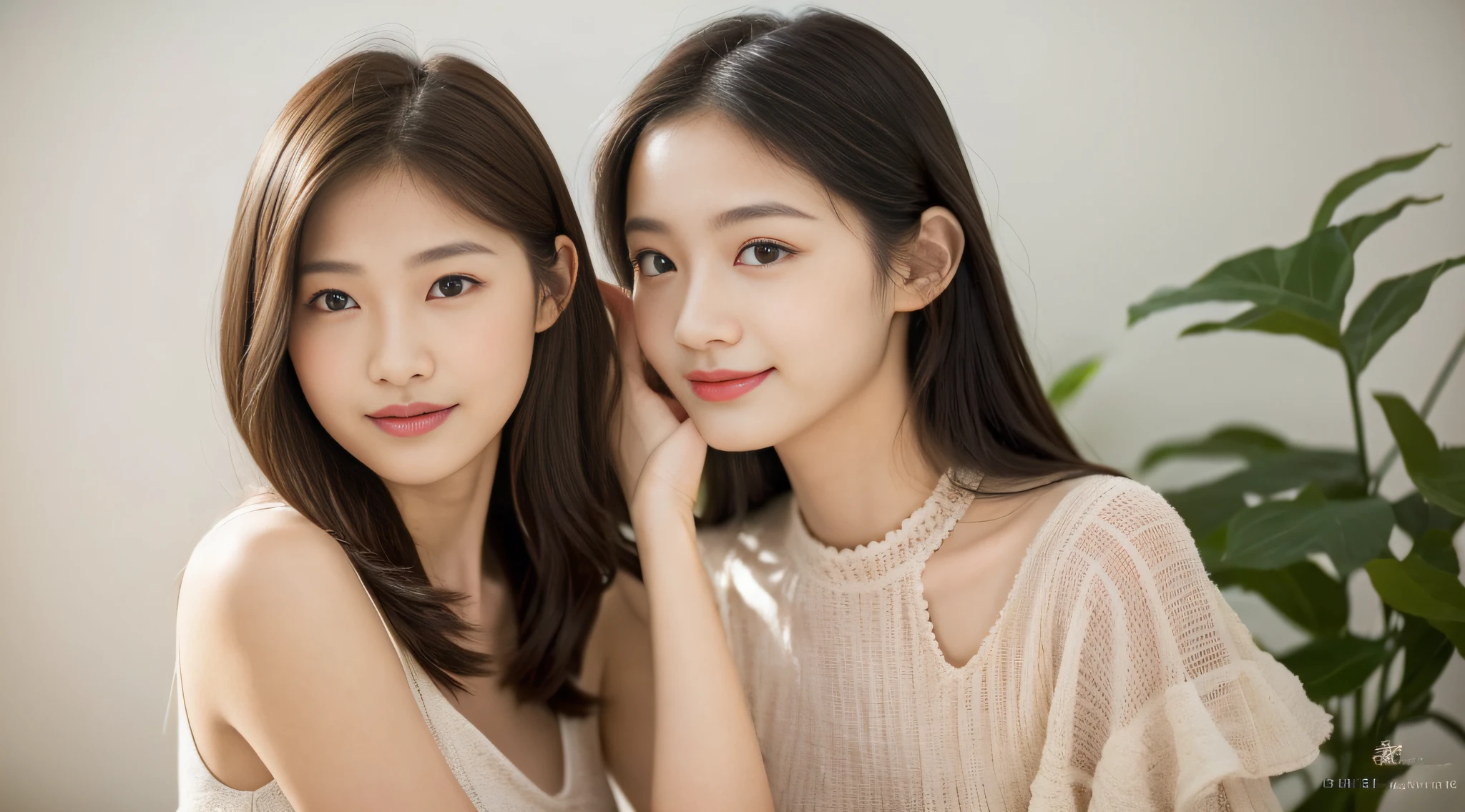 2girl, woman in a fluent modal dress, soft and delicate color, elegant temperament, elegant intellectual feeling, high image quality, long hair, fine skin texture and cloth texture, detailed eyes, detailed long eyelashes, double eyelids, portrait photography, focal length 85mm, aperture F1.2, God perspective, realism, smile