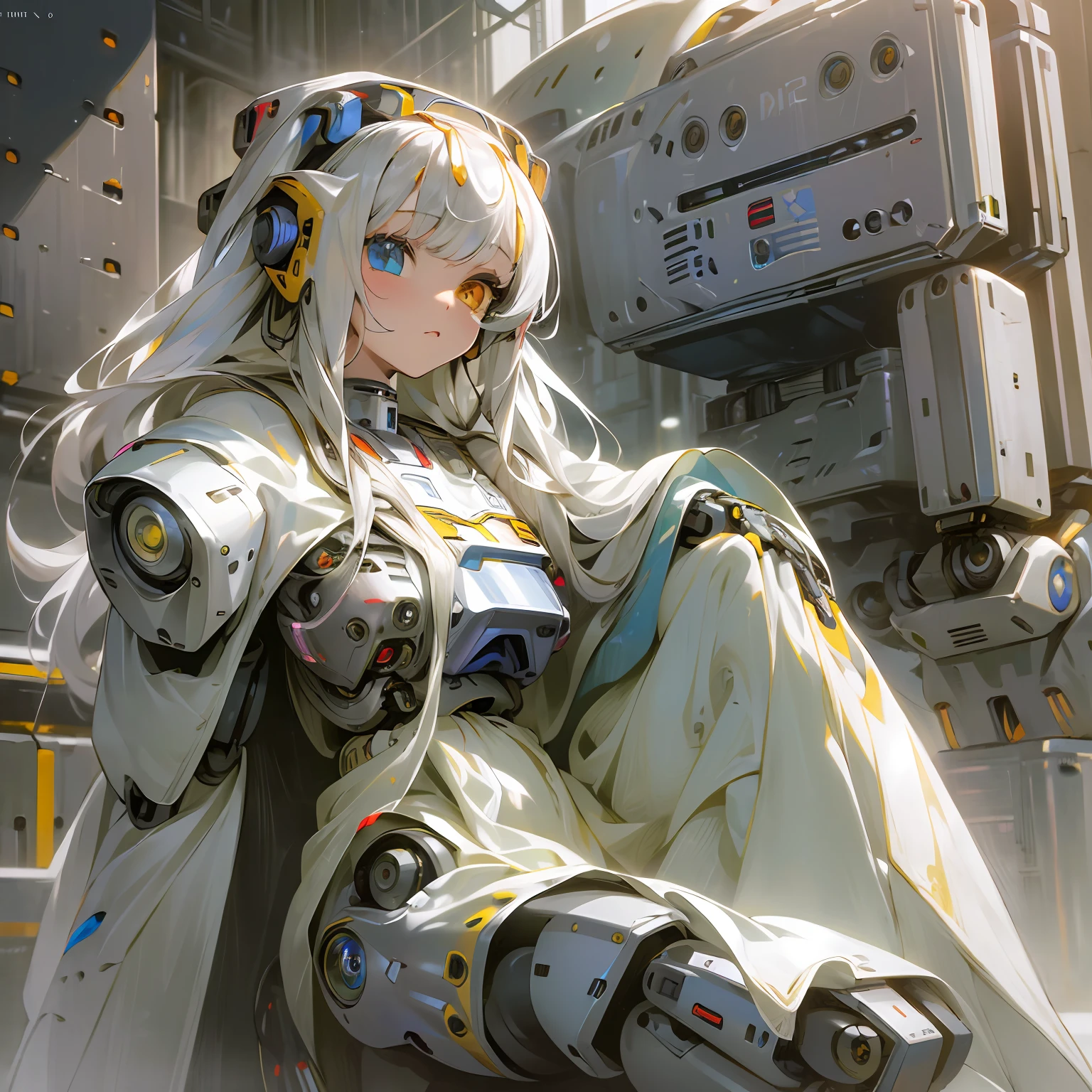(masterpiece:1.4), (artwork:1.2), (soft and simple colors:1.2), (mechanical arms:1.1), (heterochromia+multicolored:1.33), (1girl:1:1), (long white hair with bangs), (portrait:1:1), (best disinger), (wearing robotic+technological robes:1:2), (extremely drawn eyes:1.3), (well-made iris+painted+perfection:0.8)0.7], (extremely detailed CG 8k unit wallpaper0.6), (machine shop scenario:1:1)
