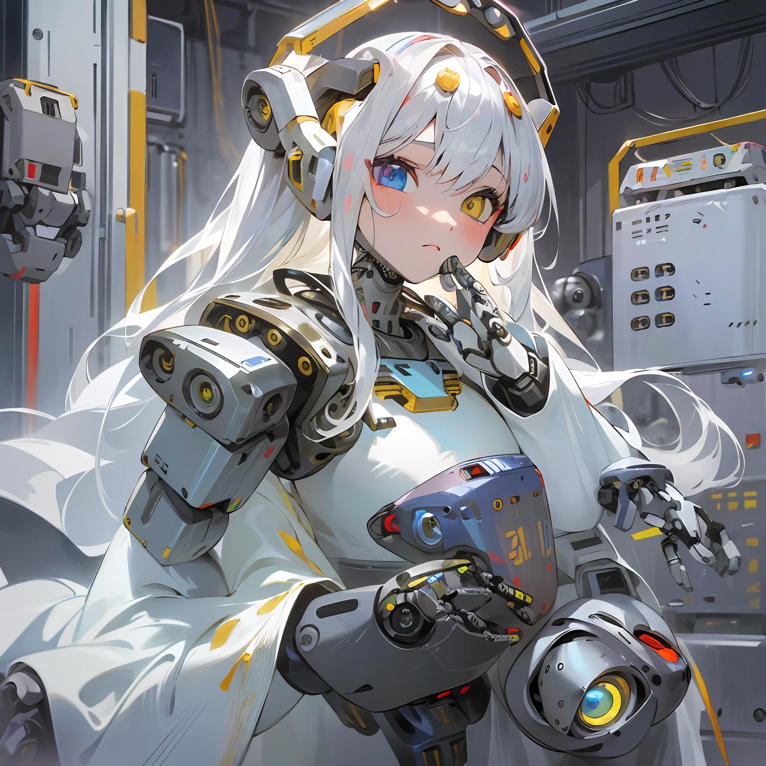 (masterpiece:1.4), (artwork:1.2), (soft and simple colors:1.2), (mechanical arms:1.1), (heterochromia+multicolored:1.33), (1girl:1:1), (long white hair with bangs), (portrait:1:1), (best disinger), (wearing robotic+technological robes:1:2), (extremely drawn eyes:1.3), (well-made iris+painted+perfection:0.8)0.7], (extremely detailed CG 8k unit wallpaper0.6), (machine shop scenario:1:1)