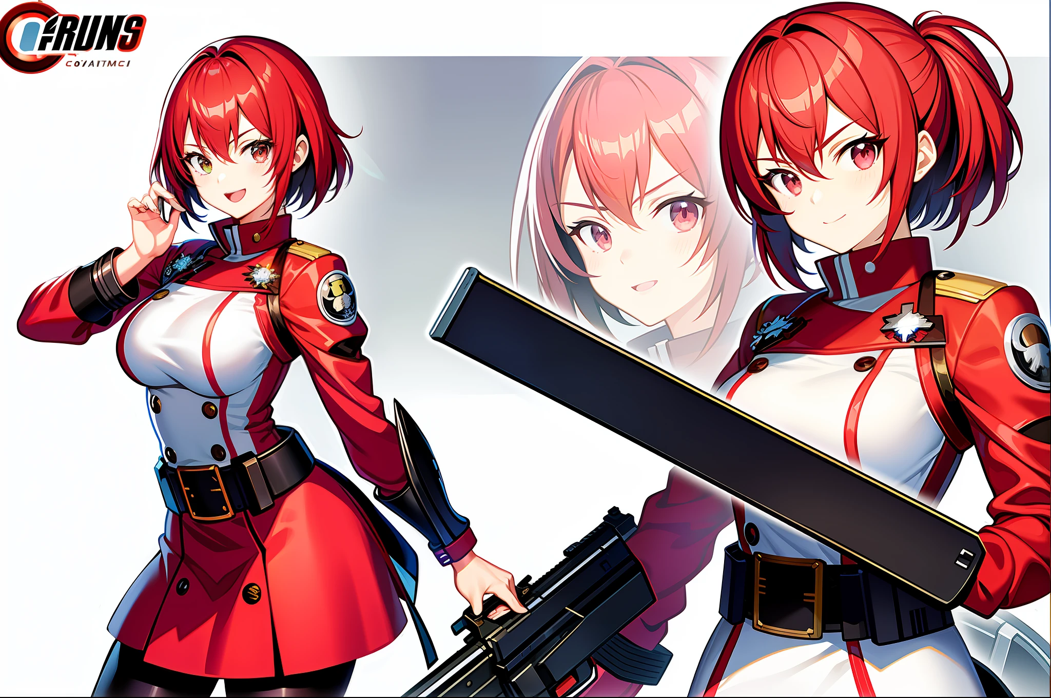 masterpiece,(best quality)anime girl in a red and white uniform with a gun, cushart krenz, female protagonist 👀 :8, cushart kenz, female action anime girl, sakura kinomoto, guilty gear art style, anime character design, female anime character, anime style character, katana zero video game character, sakura haruno, fullbody, ( ( character concept art ) )