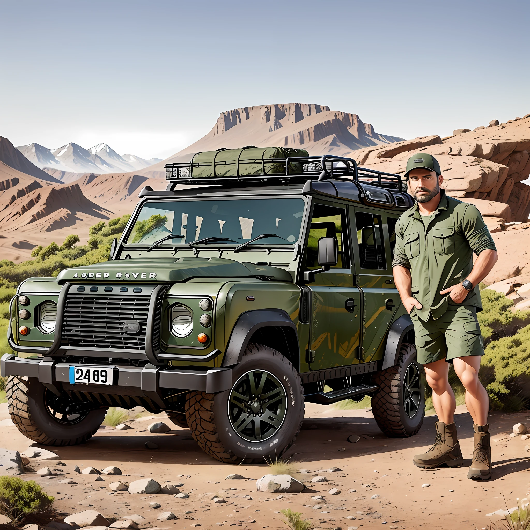 A rugged and adventurous man embodying Land Rover, wearing outdoor gear, standing beside a robust Land Rover Defender. The background features a scenic off-road trail, with rough terrains and a sense of exploration and discovery --auto --s2