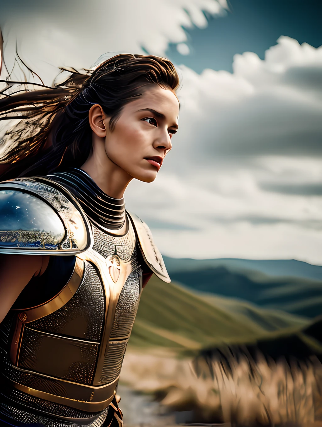 An ultrareakistic epic photography of a Valkyrie warrior on a horse riding into the battle, intense action, cinematic rim light, intense action, dynamic juxtaposition, young warrior, very high quality face, exploitable image, long windy hair, stylized dynamic folds, very rustic and beautiful woman, full focus, tiltshift, cinematic lighting, movie still, cinematic lighting, photograph, detailed symmetric realistic face, extremely detailed natural texture, peach fuzz, masterpiece, absurdres, nikon d850 film stock photograph, camera f1.6 lens, extremely detailed, amazing, fine detail, hyper realistic lifelike texture, dramatic lighting, unrealengine, cinestill 800 tungsten, looking at the viewer, RAW photo, high quality, highres, sharp focus, extremely detailed, 8k uhd.