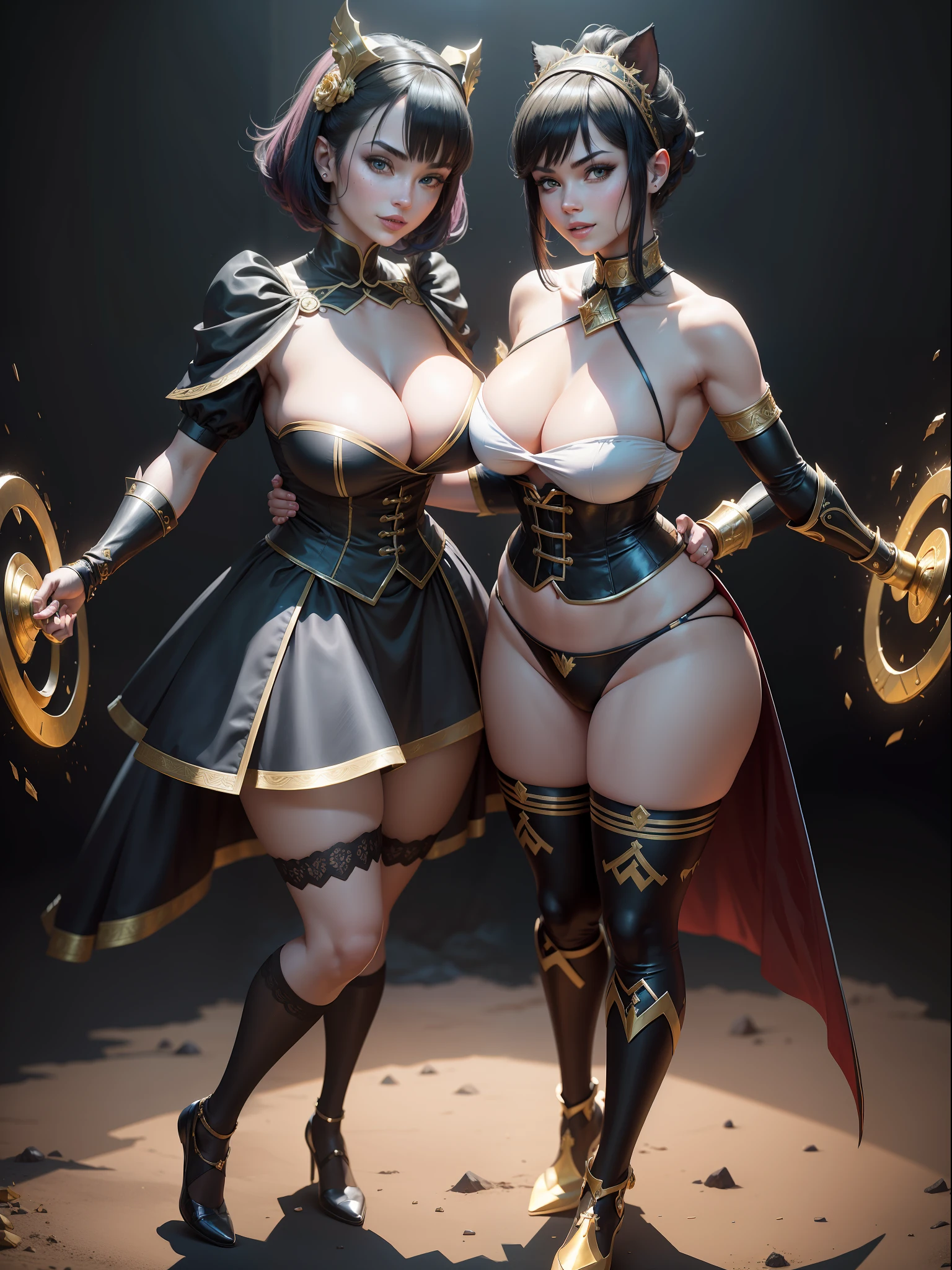 Full body photo, standing, standing on the ground, Mortal Kombat, Laurana has giant breasts, (black with gold pieces/maid's outfit with skirt and socks), smile, face with red cheek, she is in an amusement park, she wears maid's headdress, has short blue hair, green eyes, closed fists, best resolution, ultra detailed, anime style, masterpiece, super detail, 16k, UHD, high quality, best quality, textured skin, anatomically correct, ccurate