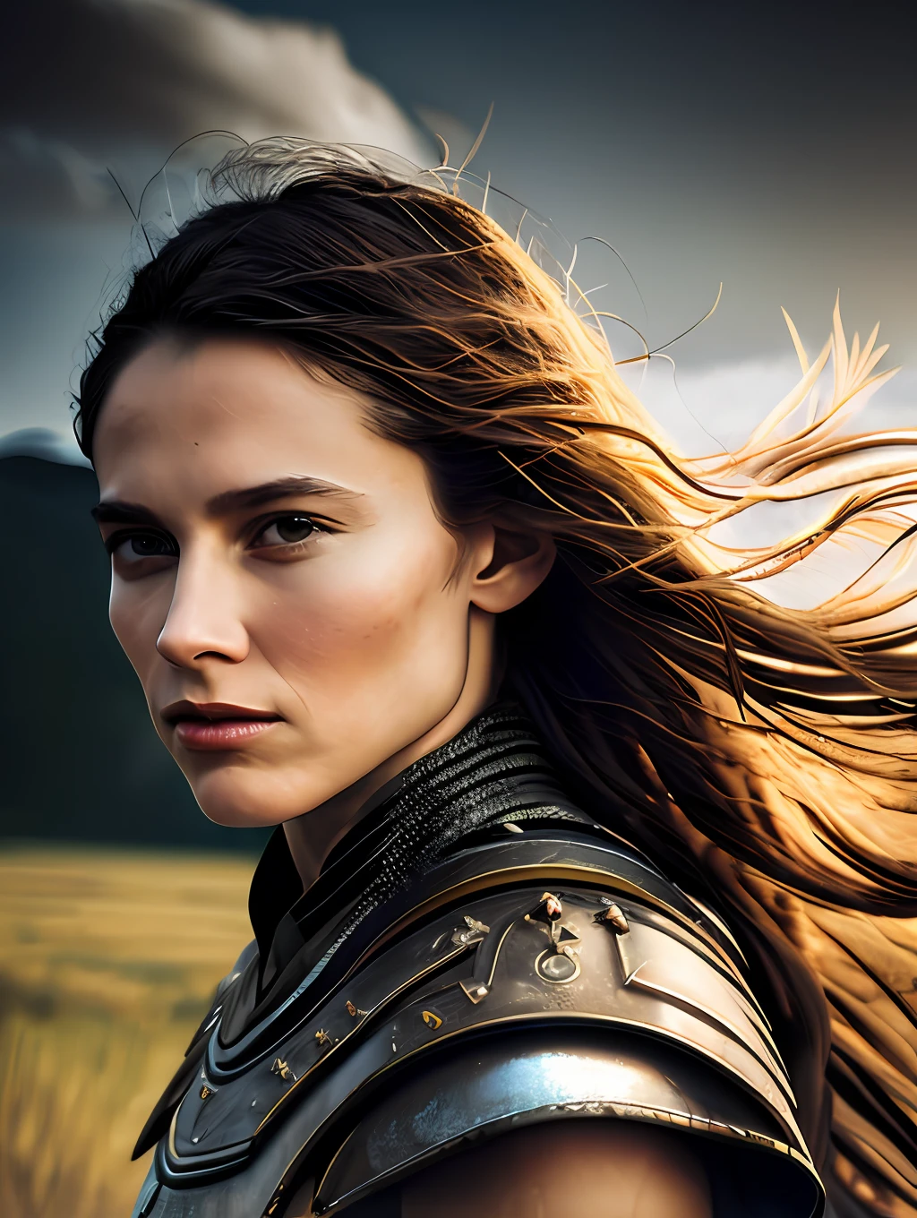 An ultrareakistic epic photography of a Valkyrie warrior on a horse riding into the battle, intense action, cinematic rim light, intense action, dynamic juxtaposition, young warrior, very high quality face, exploitable image, long windy hair, stylized dynamic folds, very rustic and beautiful woman, full focus, tiltshift, cinematic lighting, movie still, cinematic lighting, photograph, detailed symmetric realistic face, extremely detailed natural texture, peach fuzz, masterpiece, absurdres, nikon d850 film stock photograph, camera f1.6 lens, extremely detailed, amazing, fine detail, hyper realistic lifelike texture, dramatic lighting, unrealengine, cinestill 800 tungsten, looking at the viewer, RAW photo, high quality, highres, sharp focus, extremely detailed, 8k uhd.