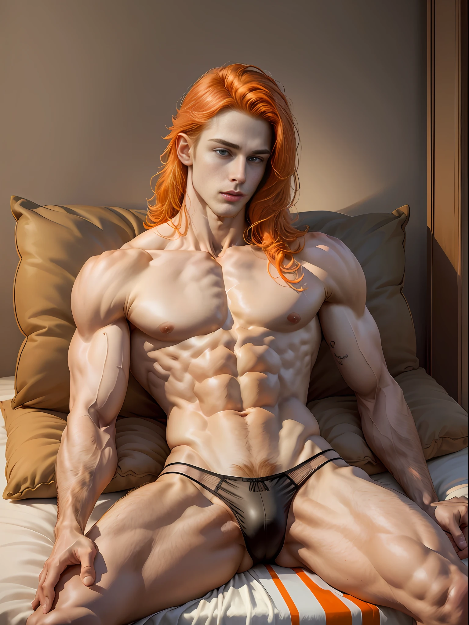 (hyper-realistic digital illustration), like a renaissance sculpture, extremely handsome boy wearing micro black tiny thong, see-through black thong, front view, lying on his back, holding legs raised, athletic body, (white skin), bare chest, flat chest,(long orange hair scruffy ), serene expression, small waist, muscular. best quality, high-resolution