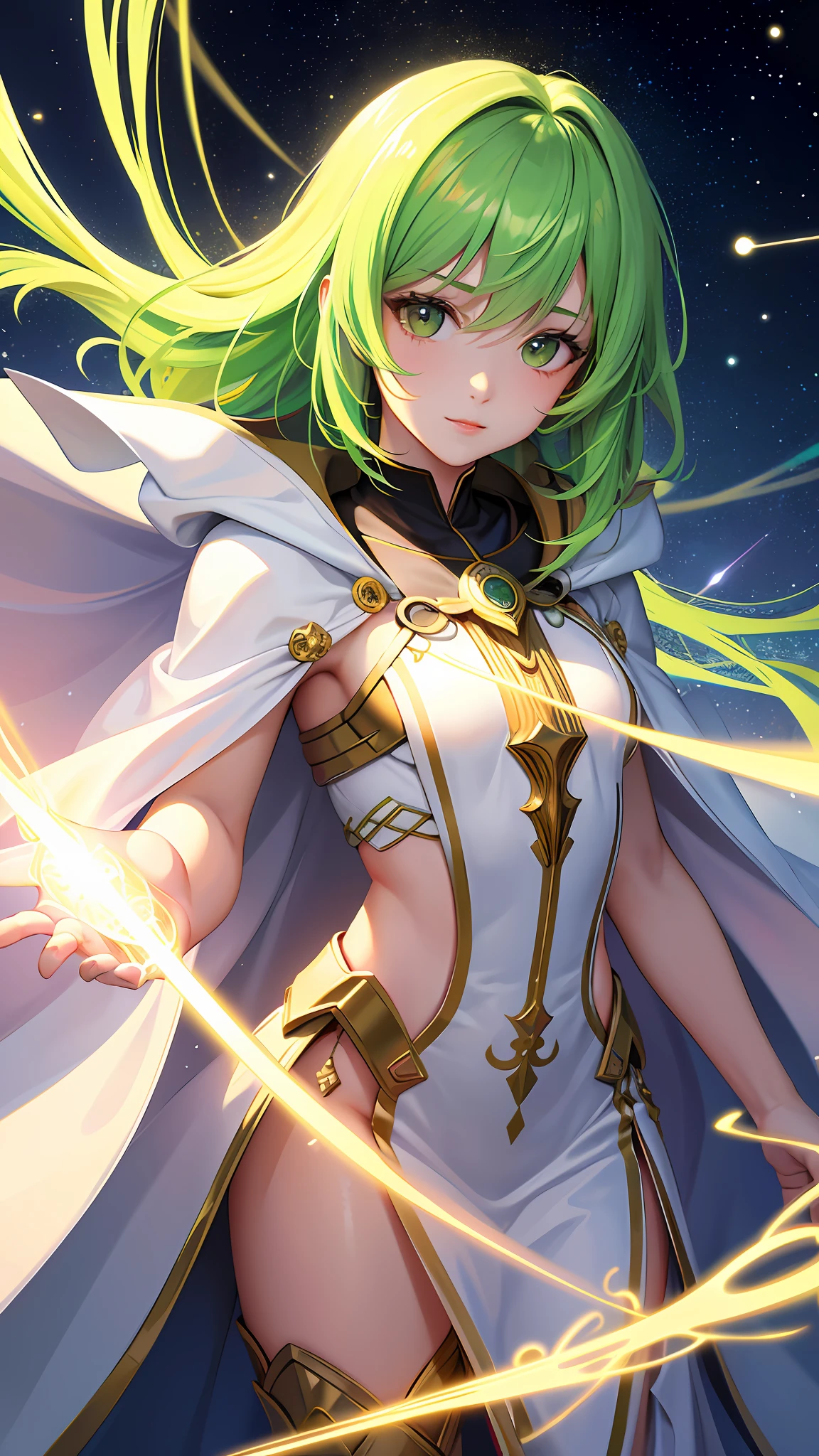 (Masterpiece, Top Quality, Best Quality, Official Art, Beauty and Aesthetics: 1.2), (1 Girl), Extreme Detail, (Fractal Art: 1.3), Colorful, Supreme Detail, Perfect Face, Upper Body, HDR, (Prayer: 1.3), (White Cloak Golden Lines: 1.2), Galaxy, (Light Stripes), Striking Visuals, (Dynamic Stripes, Glow Trajectory: 1.2), Bright Colors, Green Hair.