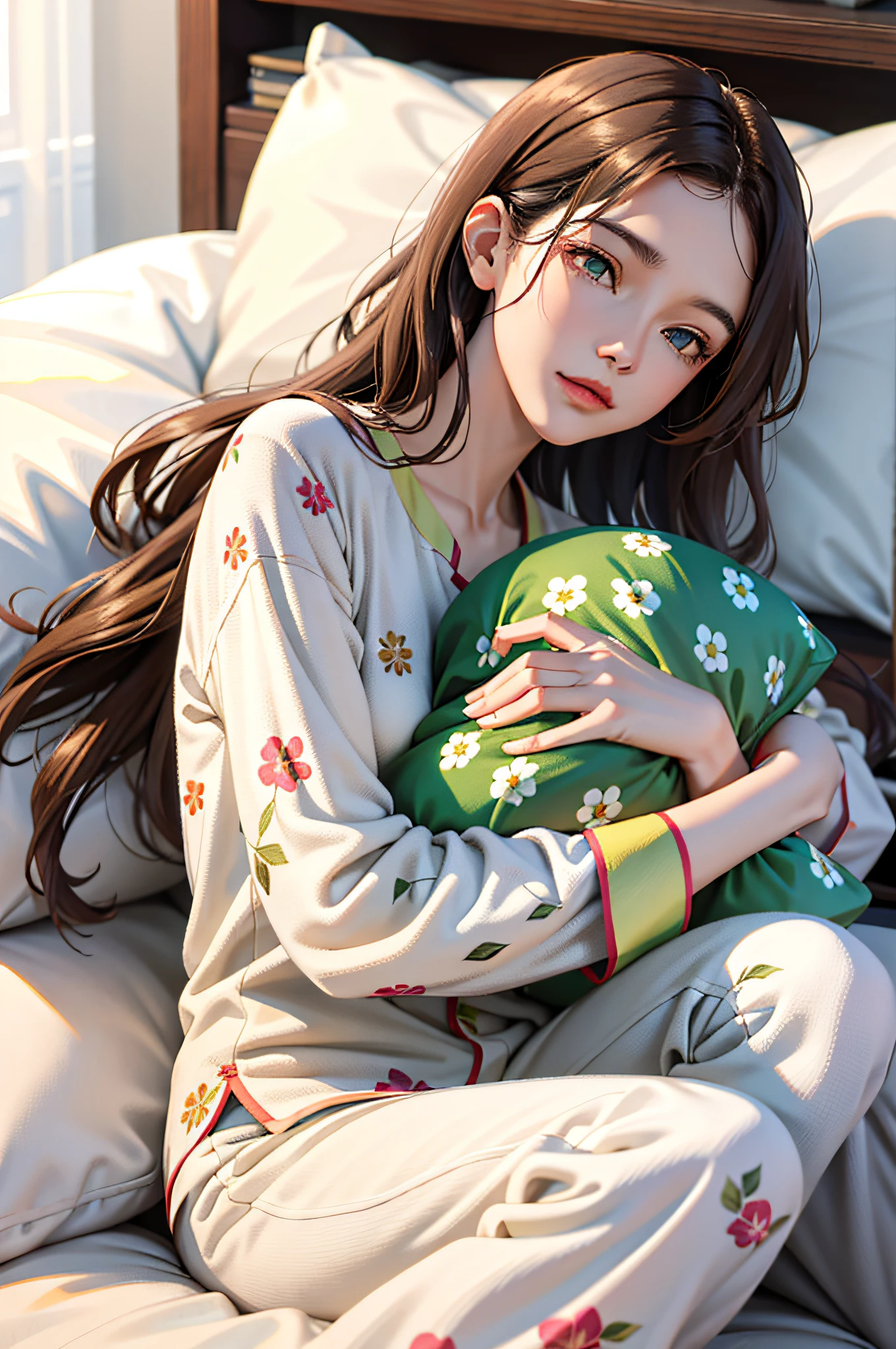 1 Mature solo woman with semi-long wavy brown hair, lying on her back hugging a pillow, in flowered printed white pajamas, emerald eyes,