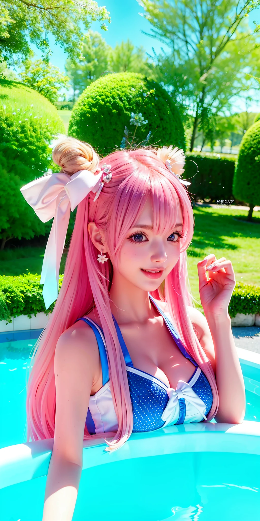 (8K, 4K, Best Quality, High Resolution: 1.2), (Masteristic, Realistic, Photoreal: 1.4), 1 Girl, Solo, Beautiful Face, Eyelashes, Nose, Glossy Lips, (Fine Eyes, Beholder, Fair Skin, White Skin: 1.5), Fine Complexion, Upper Body,
Big, big, (nude: 1.5),
Open-air bath,
ridiculously long hair, blond hair, pink hair, bangs, hair ornaments, bows, with two sides up,
Young, dark blue school swimsuit