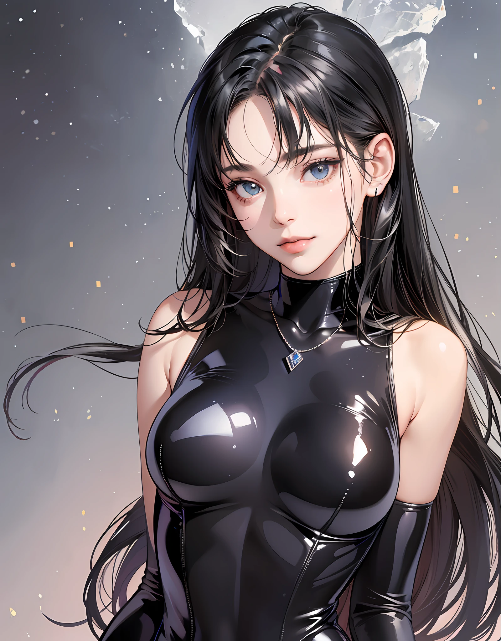 (RAW Photo:1.2), (Photorealistic:1.4), (Masterpiece:1.3), (Top Quality:1.4), Dreamy, (Detailed Eyes), (Detailed Facial Features), (Detailed Clothing Features), Skin Tone, (Shiny Skin), (Slender Girl), (Slim Girl),1girl,((Full Length ))), solo,cute,smlie,VirtualGirl-Aim,(medium bust),bangs,straight hair,long hair,black hair,black eyes,crystal pendant,black latex rubber tight bodysuit,protruding, --auto --s2