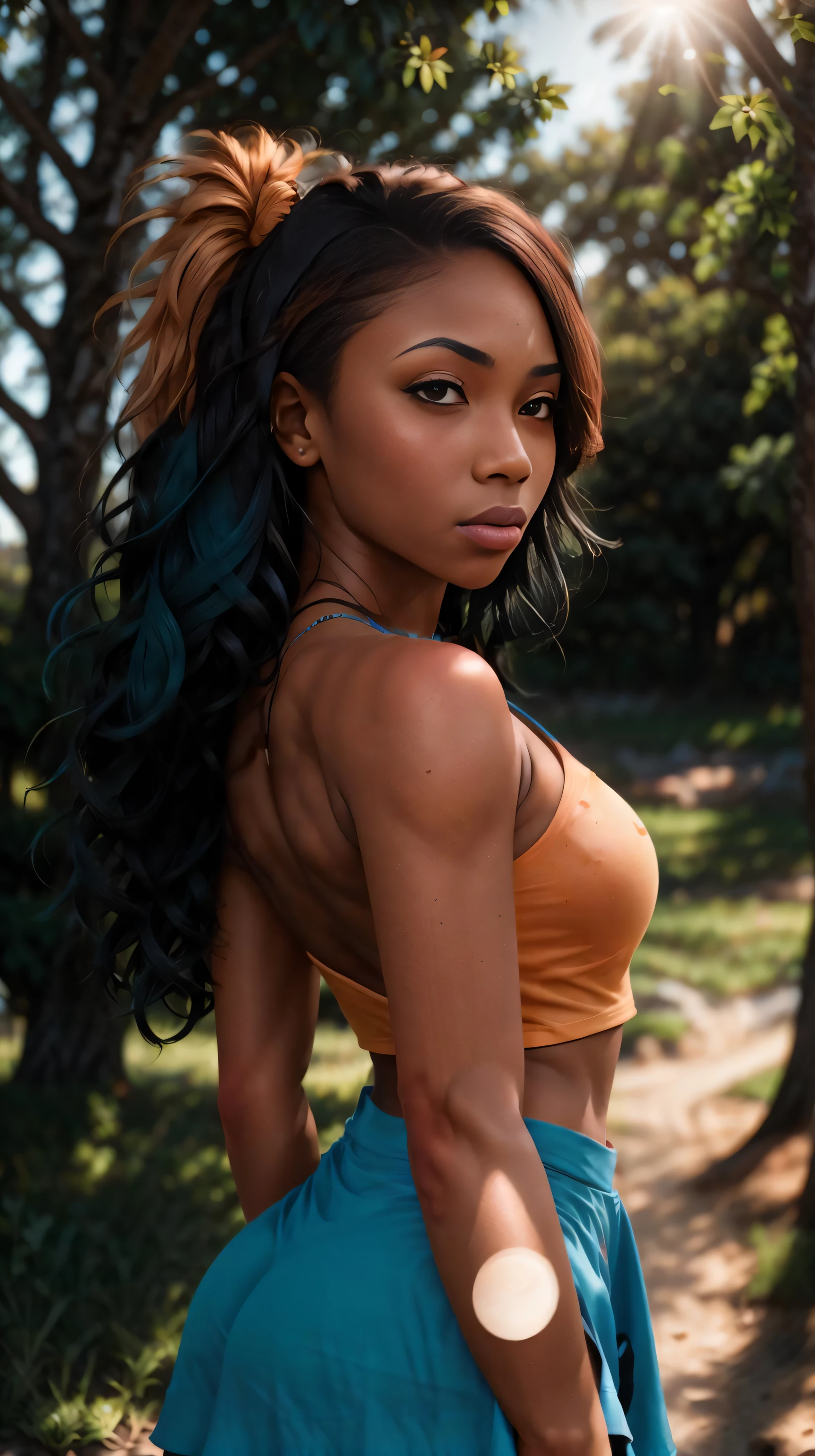 Masterpiece, RAW photography, black woman, serious face, in an combat stance, lit by sunlight , Orange sleeveless shirt, Turquoise skirt, lens flare, DOF, blurry background, freckled skin, detailed skin, detailed face, mohawk hairstyle