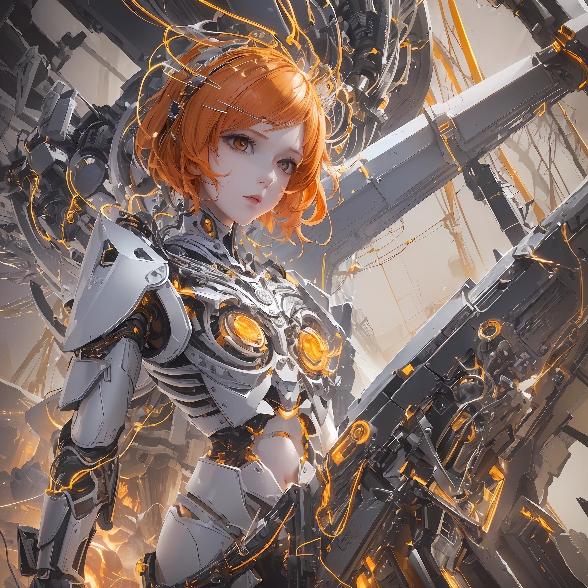("(")a girl(",")top of quality, ultra-detailed details, exquisite work, digital painting, dynamic position, short orange hair, mechanical limbs, ("+")white skin(",")dynamic camera, facial close-up, dramatic lighting, futuristic and technical background(root:1.2+wire:1.3+circuit:1.2), with elements of science fiction.",")