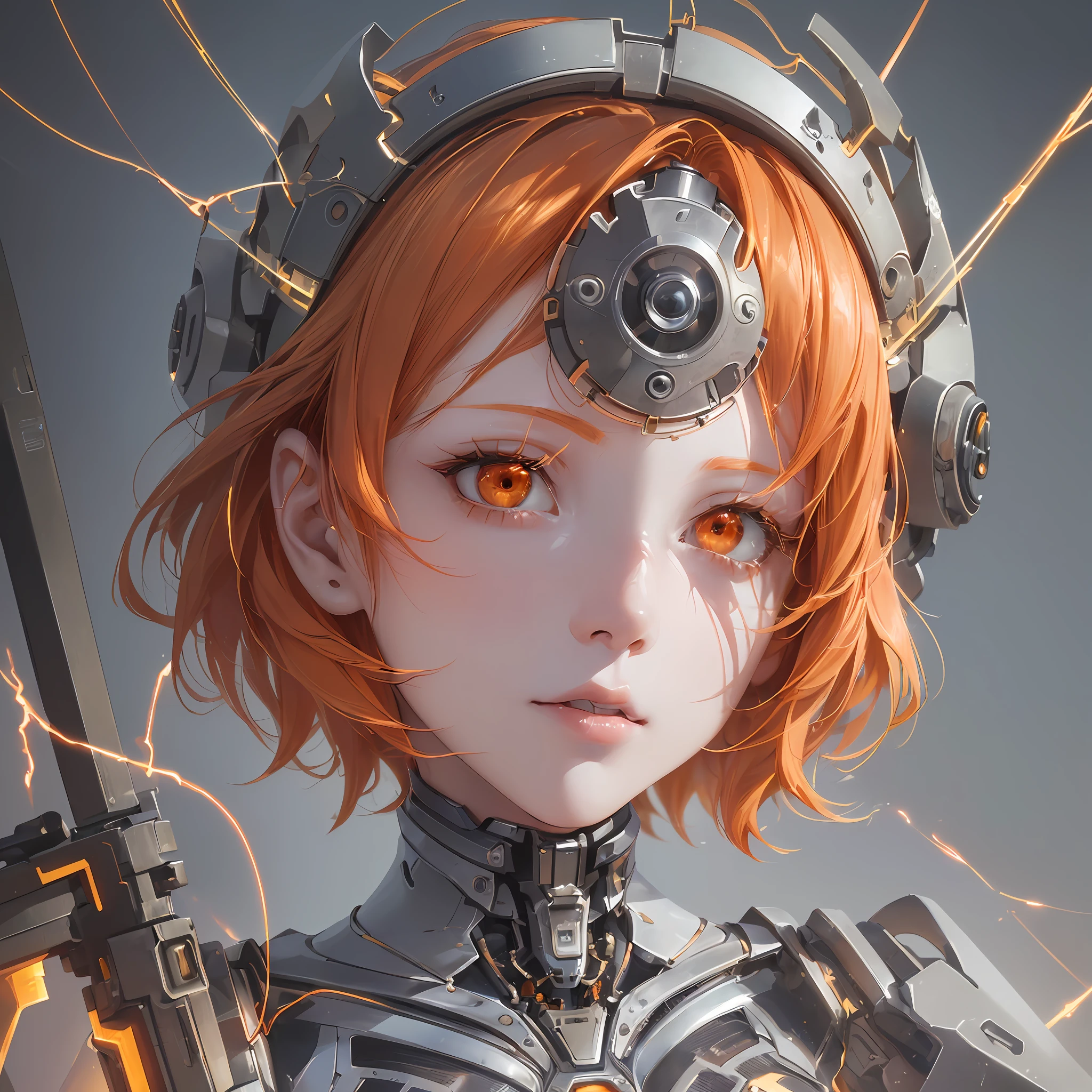 ("(")a girl(",")top of quality, ultra-detailed details, exquisite work, digital painting, dynamic position, short orange hair, mechanical limbs, ("+")white skin(",")dynamic camera, facial close-up, dramatic lighting, futuristic and technical background(root:1.2+wire:1.3+circuit:1.2), with elements of science fiction.",")