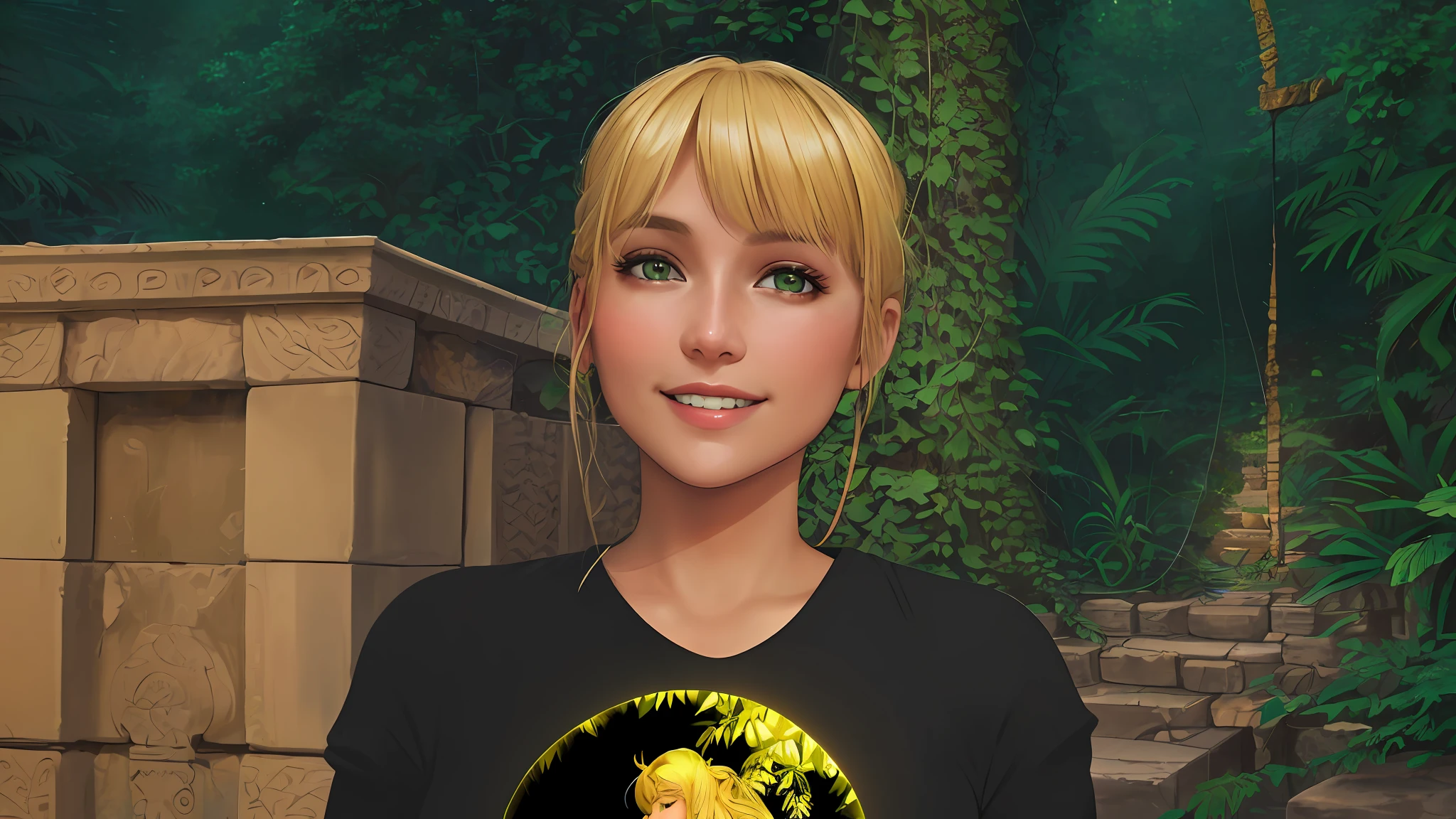 ((1girl)), ((blonde hair)), ((green eyes)), smiling, cute, ultra-detailed, intricate, detailed face, soft lighting, soft light, soft focus, perfect face, beautiful, accurate anatomy, overexposure, 8k, 4k, (highres:1.1), best quality, (masterpiece:1.3), ((jungle)), ((ancient ruins)), palms