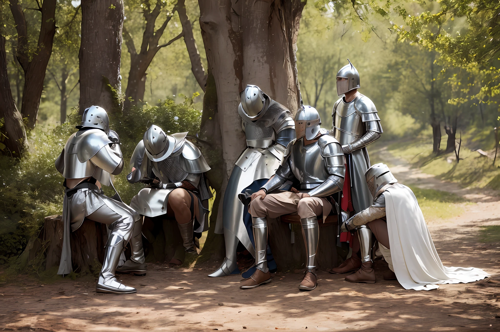 Medieval knights leaning against trees and sitting Knights in light armor 8K Ultra High Resolution Silver-gray armor with rust and battle damage that is difficult to remove Incredible details Empty-handed knights with their hands on their legs One of the knights has a white cloak and sits on a tree stump Two knights wiping off their equipment