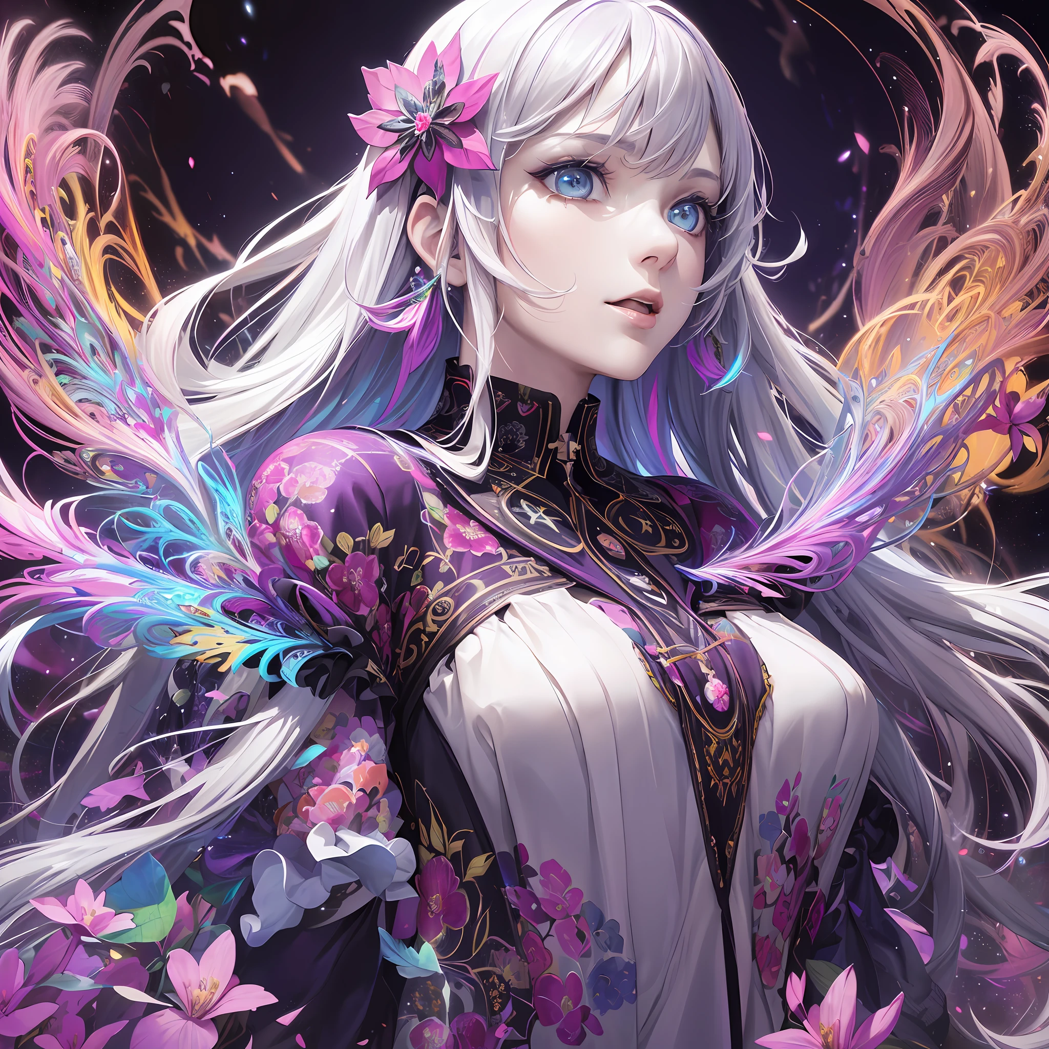 absurdres, highres, (close view:1.4), upper body, side view, 1girl, long hair, shining hair, complex hair, colorful hair, shining eyes, complex dress, fractal art, complex background, (flashy background:1.3), (colorful background:1.2), flashy effects, (flower effects:1.2), dna affects, white effects, (Pale color scheme:1.2), --auto --s2