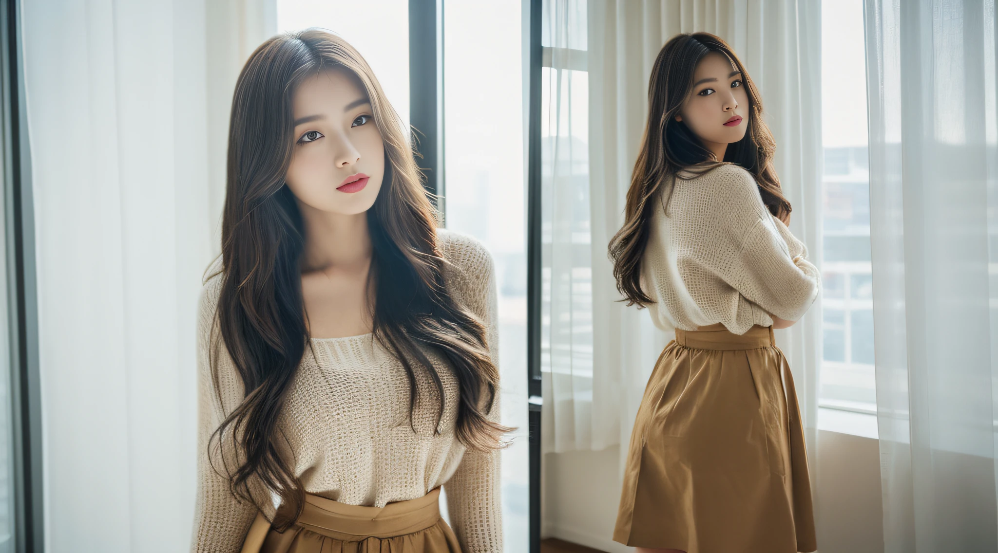 (1girl:1.2), standing by large floor-to-ceiling windows, white curtains, layered curtains, woman in a fluent modal skirt, soft and delicate colors, elegant temperament, elegant intellectual feeling, high image quality, long hair, fine skin texture and cloth texture, detailed eyes, detailed long eyelashes, double eyelids, portrait photography, focal length 85 mm, aperture F1.2, God perspective, realism, contemplation,